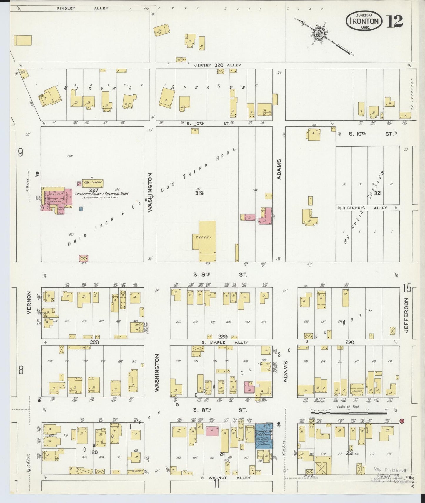 Sanborn Fire Insurance Map from Ironton, Lawrence County, Ohio (1916), Sheet #0012 - Historic Sanborn Fire Insurance Map Print, vintage old map wall art, antique decor, genealogy gift, Ohio Ohio map