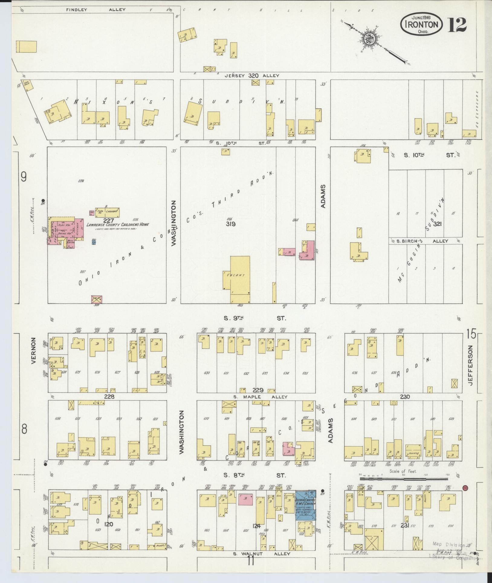 Sanborn Fire Insurance Map from Ironton, Lawrence County, Ohio (1916), Sheet #0012 - Historic Sanborn Fire Insurance Map Print, vintage old map wall art, antique decor, genealogy gift, Ohio Ohio map
