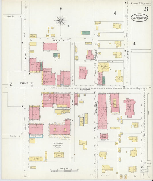 Sanborn Fire Insurance Map from Carrollton, Carroll County, Georgia (1905), Sheet #0003 - Historic Sanborn Fire Insurance Map Print, vintage old map wall art, antique decor, genealogy gift, Georgia Georgia map