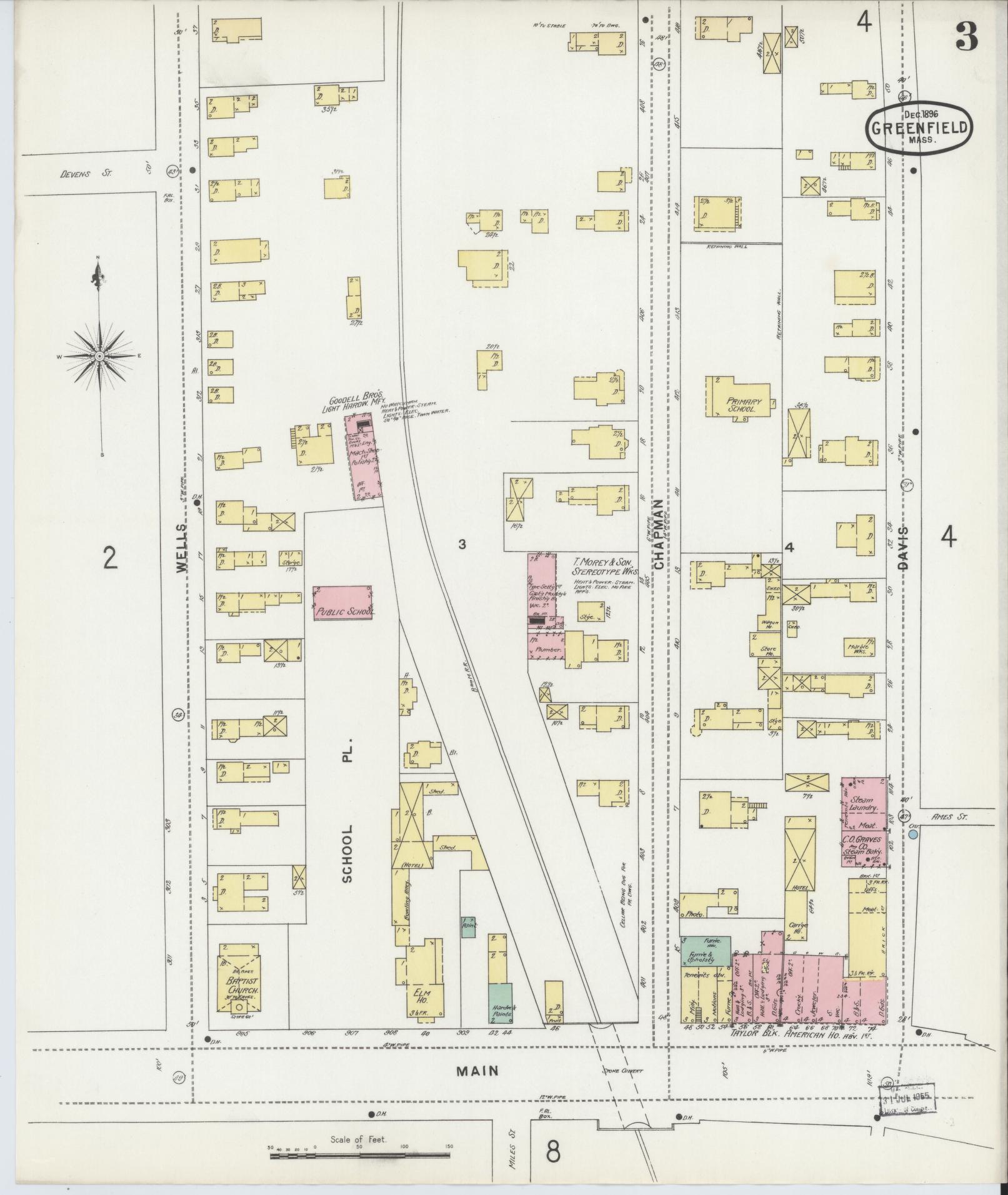 Sanborn Fire Insurance Map from Greenfield, Franklin County, Massachusetts (1896), Sheet #0003 - Historic Sanborn Fire Insurance Map Print, vintage old map wall art, antique decor, genealogy gift, Massachusetts Massachusetts map