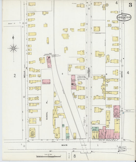 Sanborn Fire Insurance Map from Greenfield, Franklin County, Massachusetts (1896), Sheet #0003 - Historic Sanborn Fire Insurance Map Print, vintage old map wall art, antique decor, genealogy gift, Massachusetts Massachusetts map