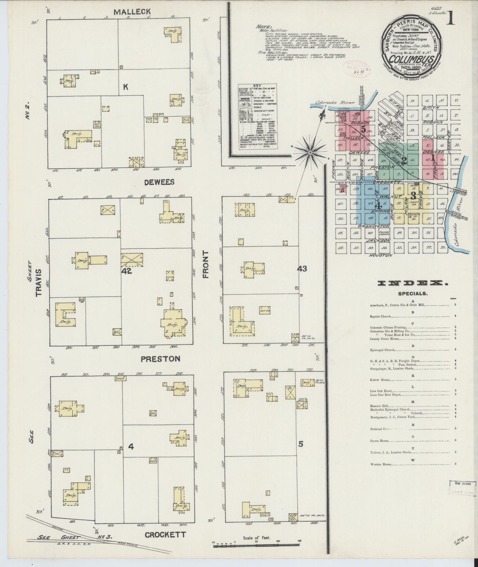 Sanborn Fire Insurance Map from Columbus, Colorado County, Texas (1890), Sheet #0001 - Complete Map Set gallery image, historic Sanborn map, vintage wall art, Columbus Colorado