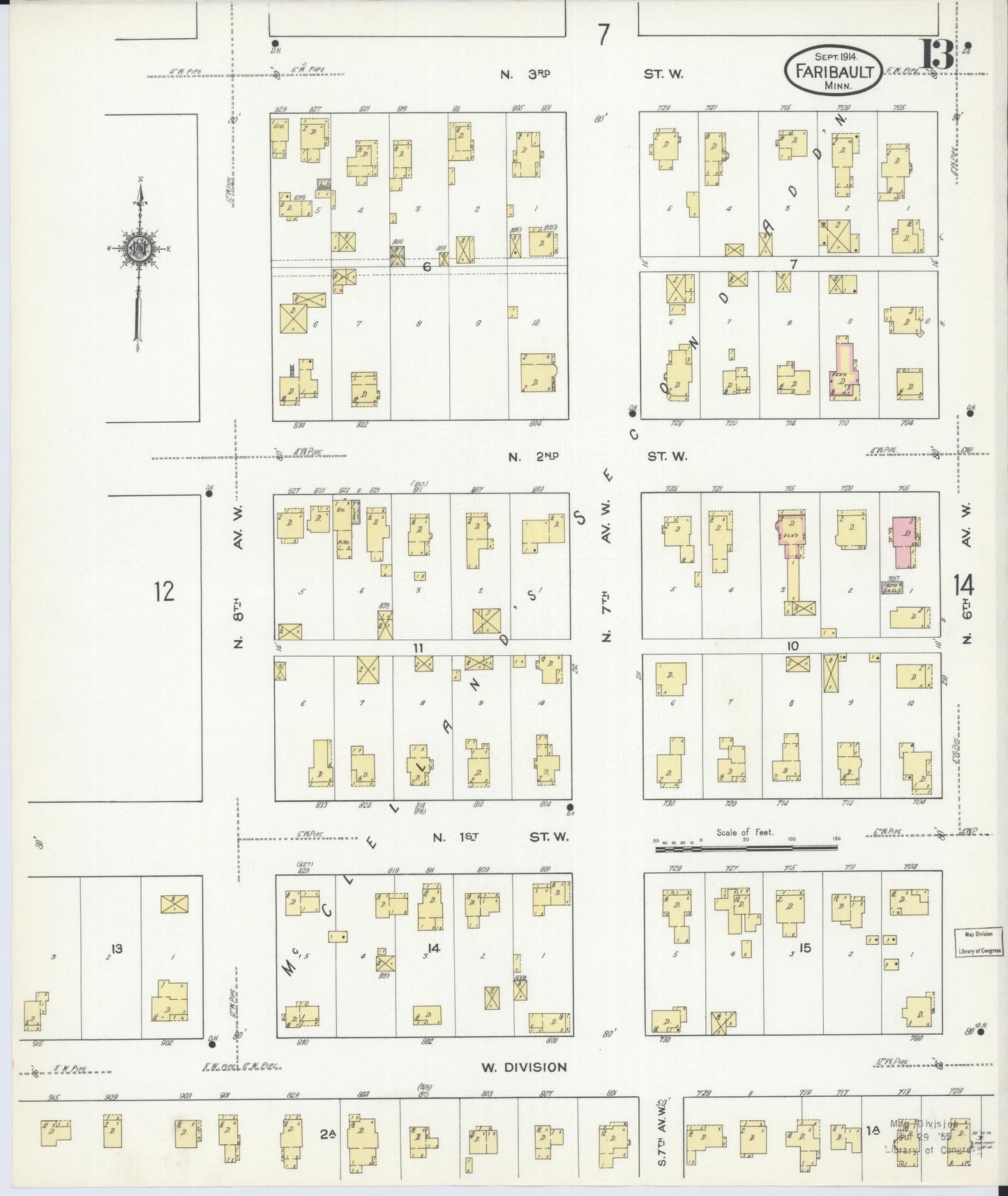 Sanborn Fire Insurance Map from Faribault, Rice County, Minnesota (1914), Sheet #0013 - Historic Sanborn Fire Insurance Map Print, vintage old map wall art, antique decor, genealogy gift, Minnesota Minnesota map