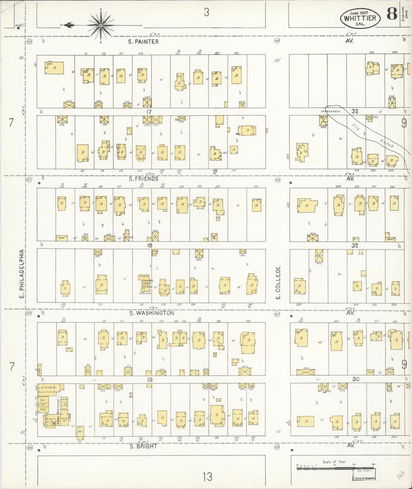 Sanborn Fire Insurance Map from Whittier, Los Angeles County, California (1907), Sheet #0008 - Complete Map Set gallery image, historic Sanborn map, vintage wall art, California California