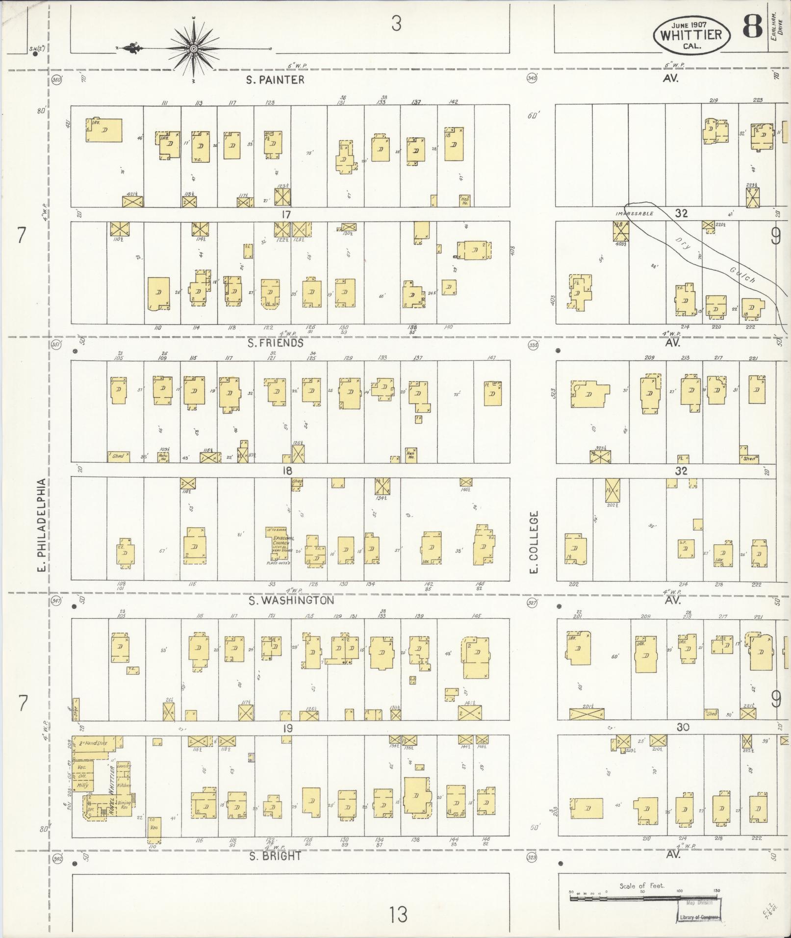 Sanborn Fire Insurance Map from Whittier, Los Angeles County, California (1907), Sheet #0008 - Complete Map Set gallery image, historic Sanborn map, vintage wall art, California California