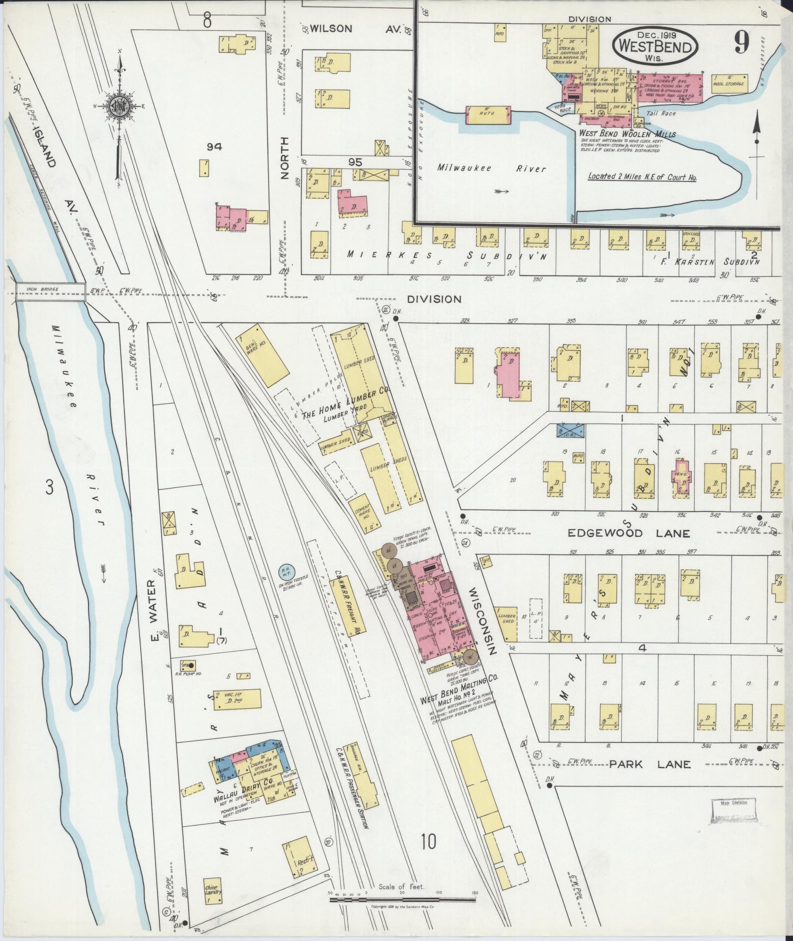 Sanborn Fire Insurance Map from West Bend, Washington County, Wisconsin (1919), Sheet #0009 - Complete Map Set gallery image, historic Sanborn map, vintage wall art, Wisconsin Wisconsin