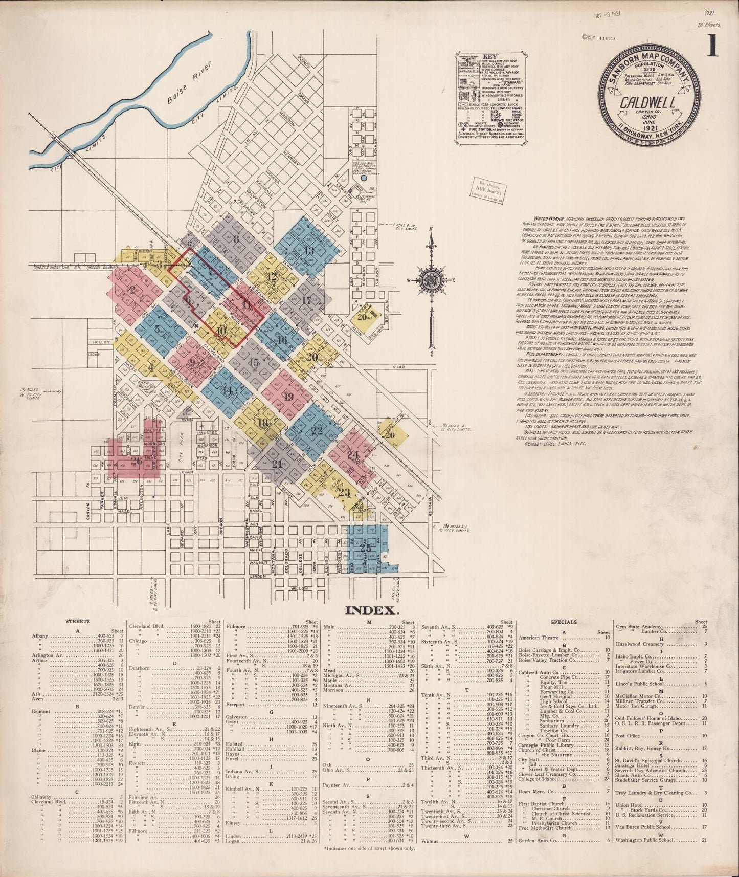 Sanborn Fire Insurance Map from Caldwell, Canyon County, Idaho (1921), Sheet #0001 - Complete Map Set gallery image, historic Sanborn map, vintage wall art, Idaho Idaho