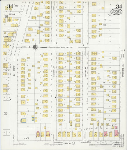 Sanborn Fire Insurance Map from Elyria, Lorain County, Ohio (1925), Sheet #0034 - Historic Sanborn Fire Insurance Map Print, vintage old map wall art, antique decor, genealogy gift, Ohio Ohio map