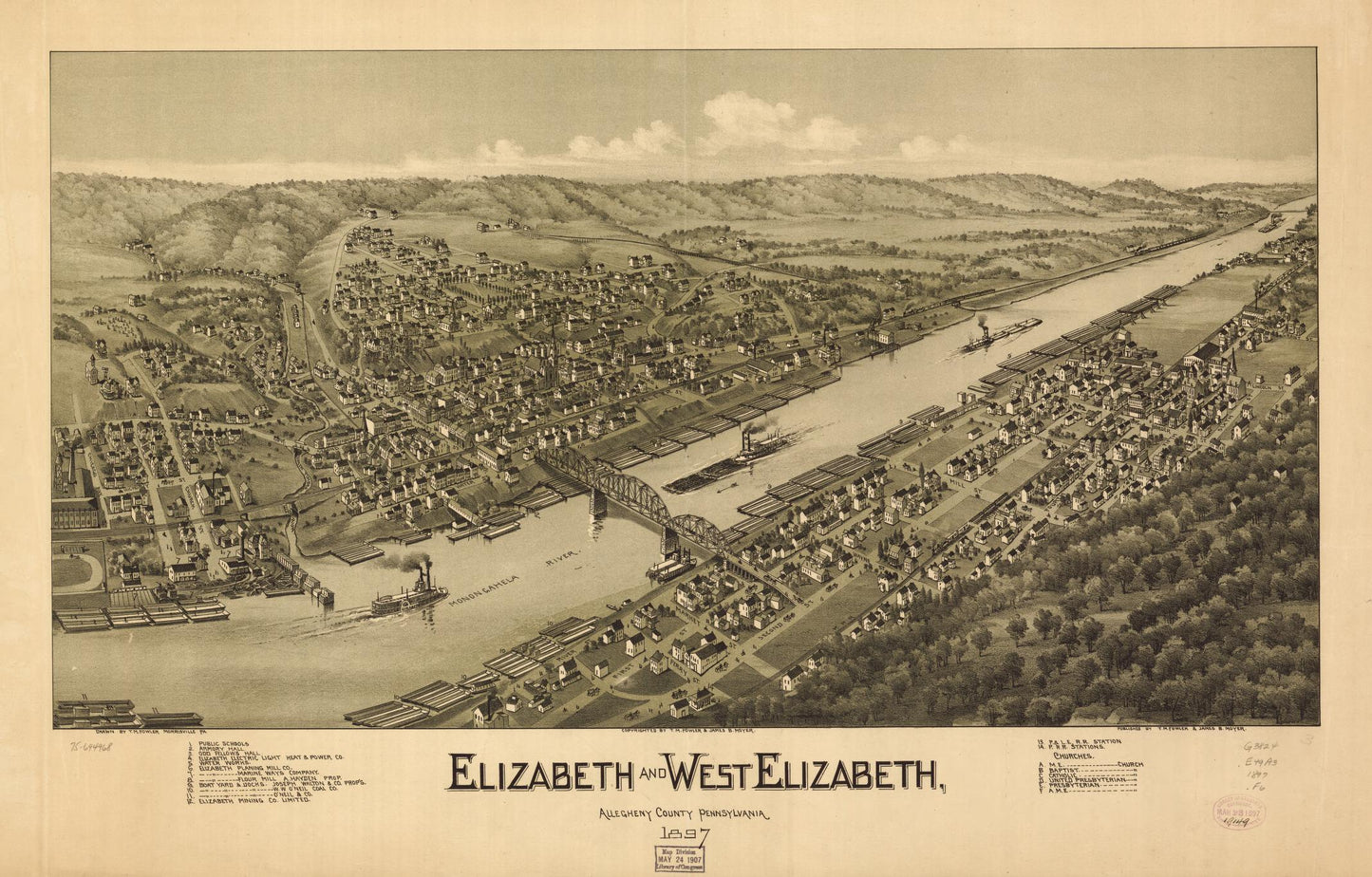 Elizabeth and West Elizabeth, Allegheny County, Pennsylvania 1897. (1897) – Historic Bird’s-Eye View Panorama Print
