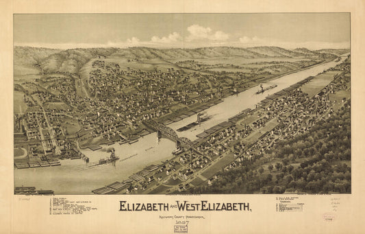 Elizabeth and West Elizabeth, Allegheny County, Pennsylvania 1897. (1897) – Historic Bird’s-Eye View Panorama Print