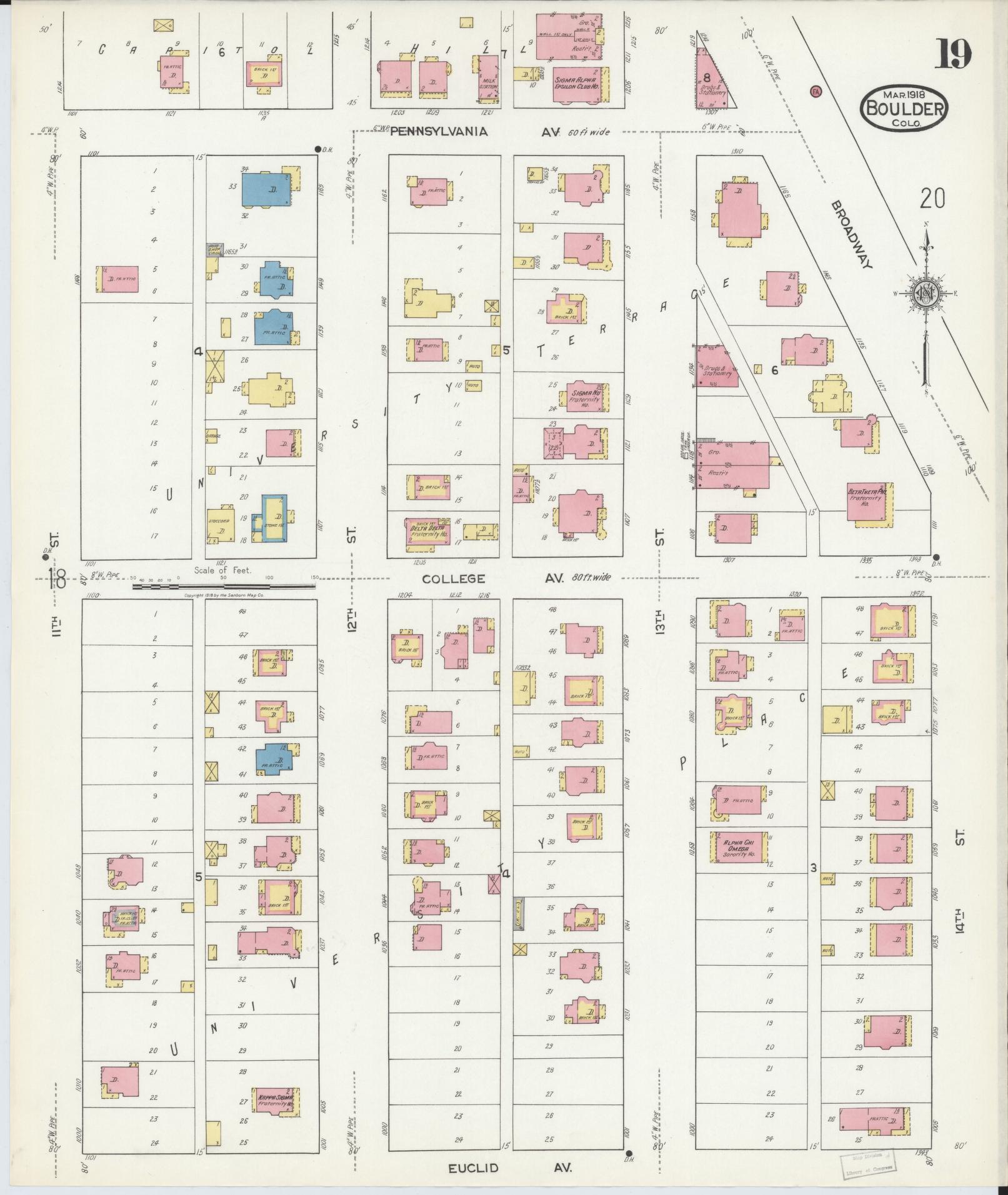 Sanborn Fire Insurance Map from Boulder, Boulder County, Colorado (1918), Sheet #0019 - Complete Map Set gallery image, historic Sanborn map, vintage wall art, Colorado Colorado