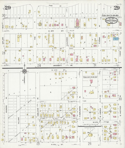 Sanborn Fire Insurance Map from Hastings, Adams County, Nebraska (1924), Sheet #0029 - Historic Sanborn Fire Insurance Map Print, vintage old map wall art, antique decor, genealogy gift, Nebraska Nebraska map