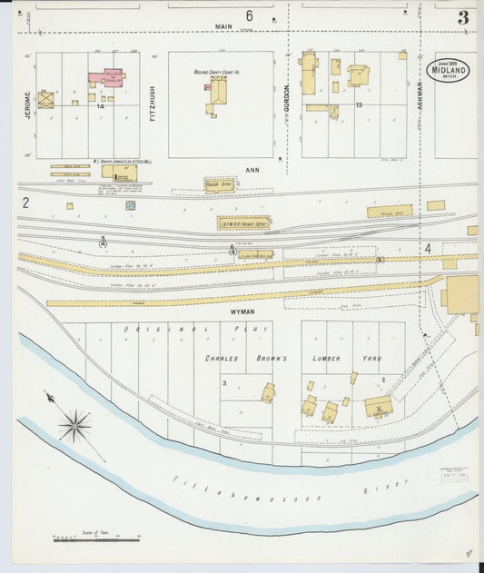 Sanborn Fire Insurance Map from Midland, Midland County, Michigan (1899), Sheet #0003 - Historic Sanborn Fire Insurance Map Print, vintage old map wall art, antique decor, genealogy gift, Michigan Michigan map
