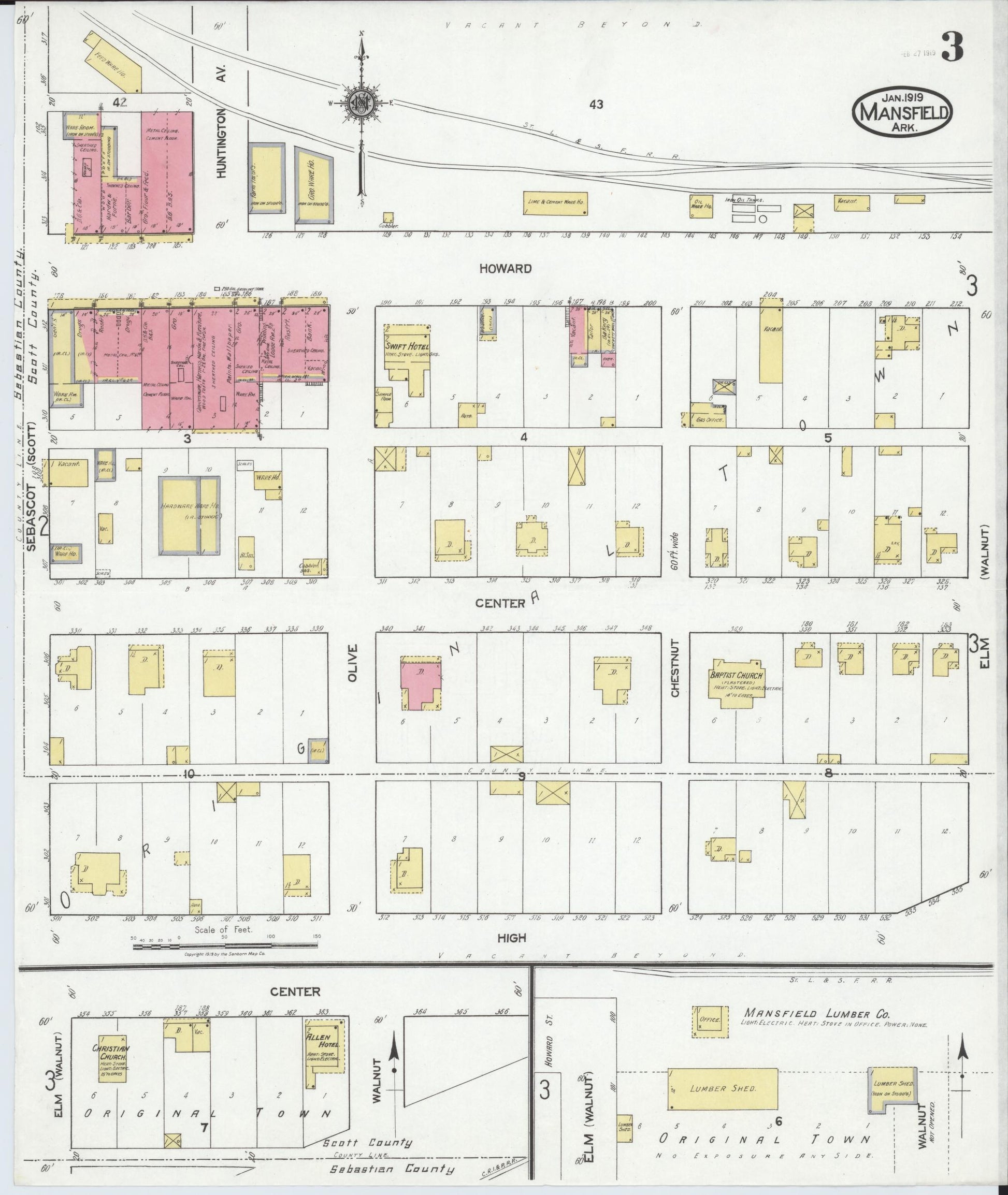 Sanborn Fire Insurance Map from Mansfield, Sebastian And Scott Counties, Arkansas (1919), Sheet #0003 - Historic Sanborn Fire Insurance Map Print, vintage old map wall art, antique decor, genealogy gift, Arkansas Arkansas map