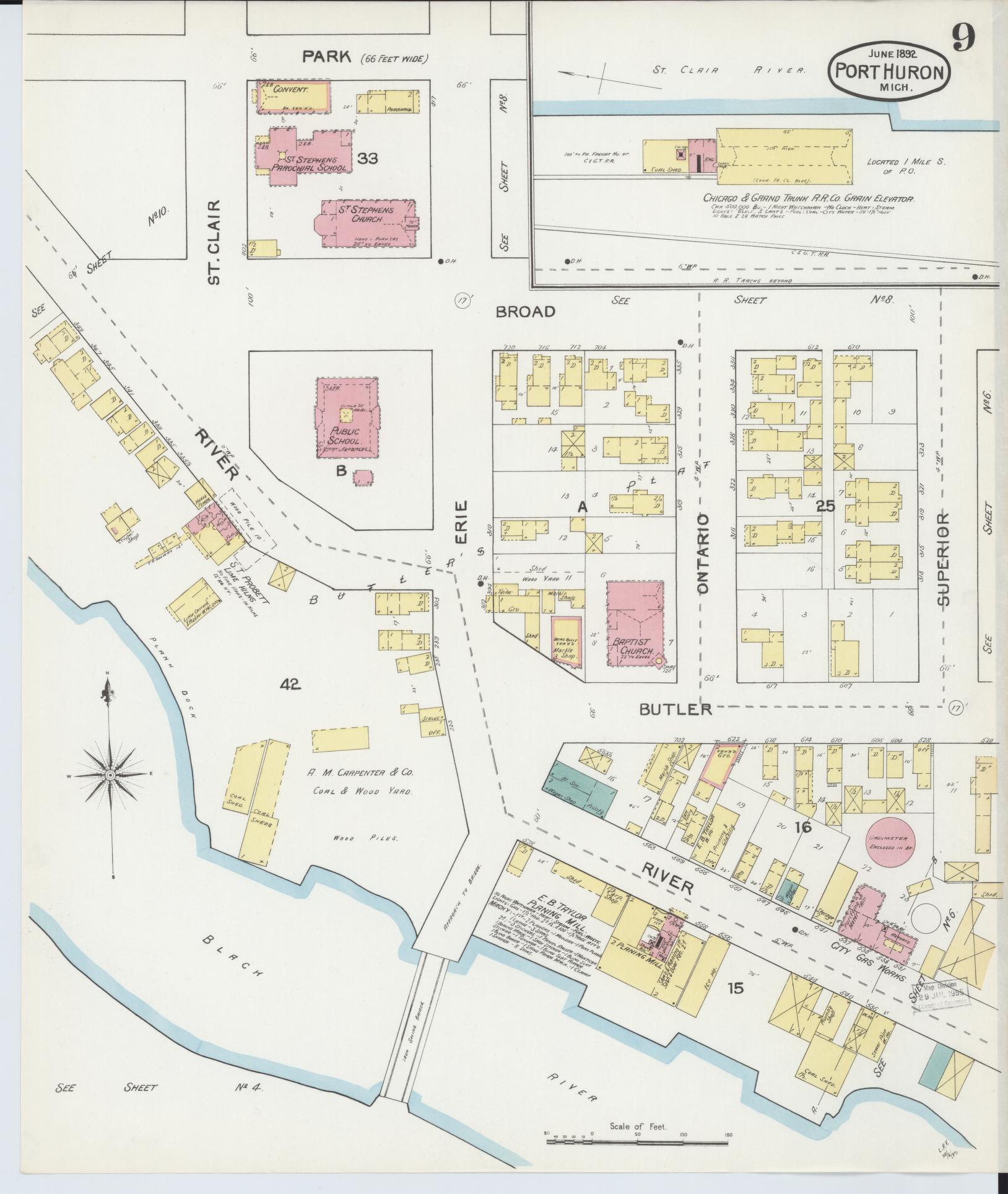 Sanborn Fire Insurance Map from Port Huron, Saint Clair County, Michigan (1892), Sheet #0009 - Complete Map Set gallery image, historic Sanborn map, vintage wall art, Michigan Michigan