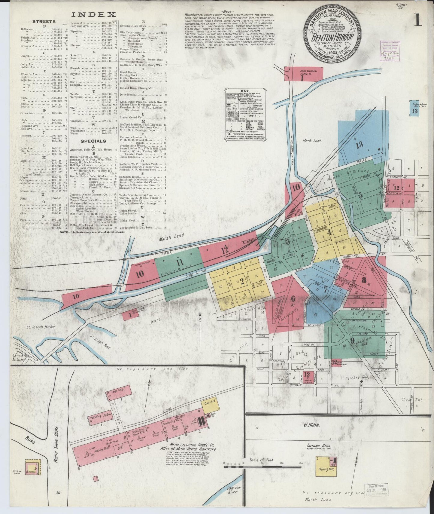 Sanborn Fire Insurance Map from Benton Harbor, Berrien County, Michigan (1905), Sheet #0001 - Complete Map Set gallery image, historic Sanborn map, vintage wall art, Michigan Michigan
