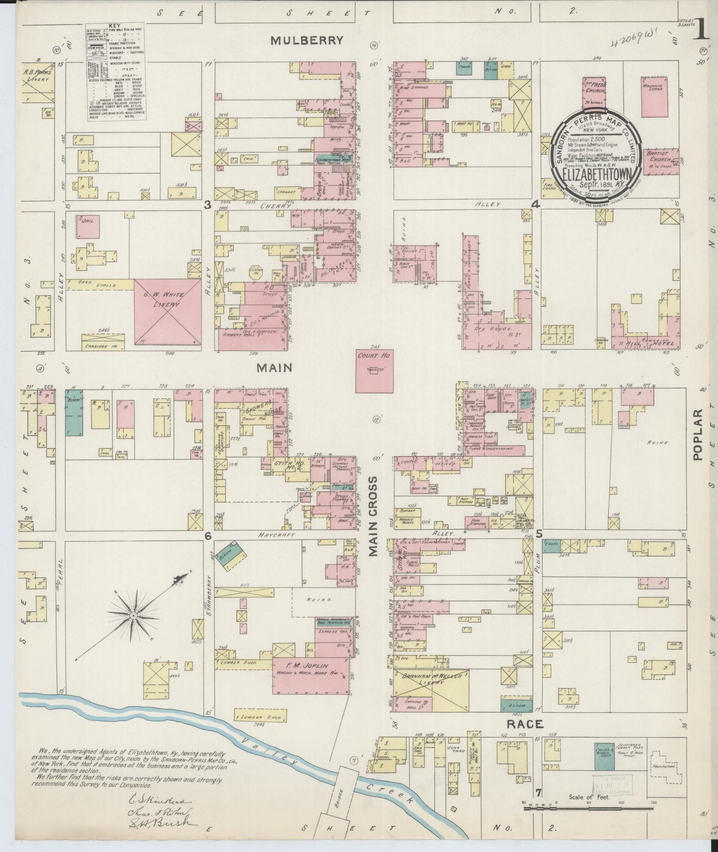Sanborn Fire Insurance Map from Elizabethtown, Hardin County, Kentucky (1891), Sheet #0001 - Complete Map Set gallery image, historic Sanborn map, vintage wall art, Kentucky Kentucky