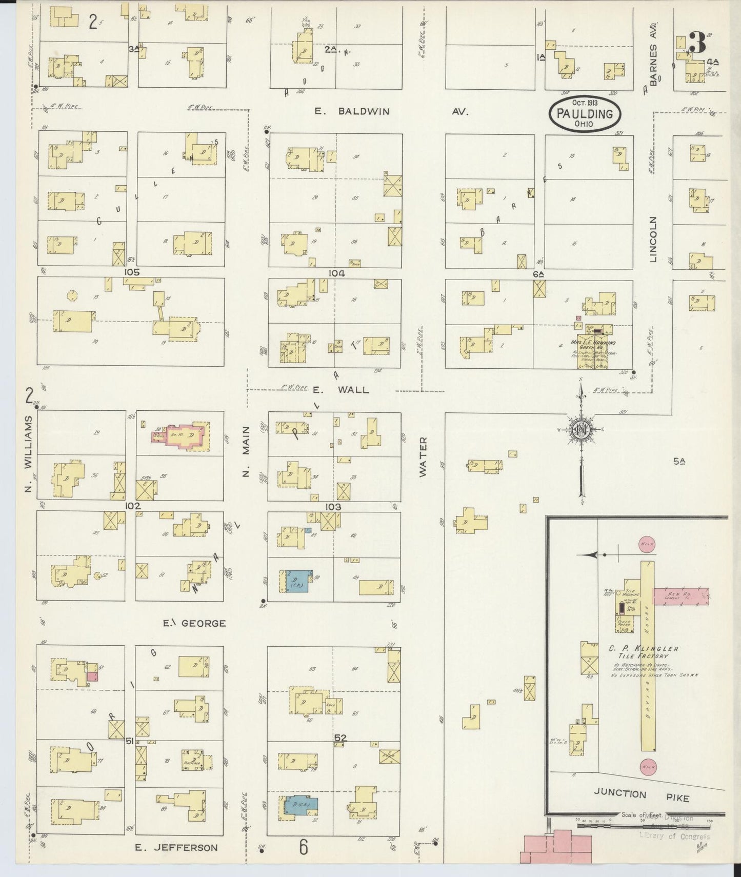 Sanborn Fire Insurance Map from Paulding, Paulding County, Ohio (1913), Sheet #0003 - Historic Sanborn Fire Insurance Map Print, vintage old map wall art, antique decor, genealogy gift, Ohio Ohio map