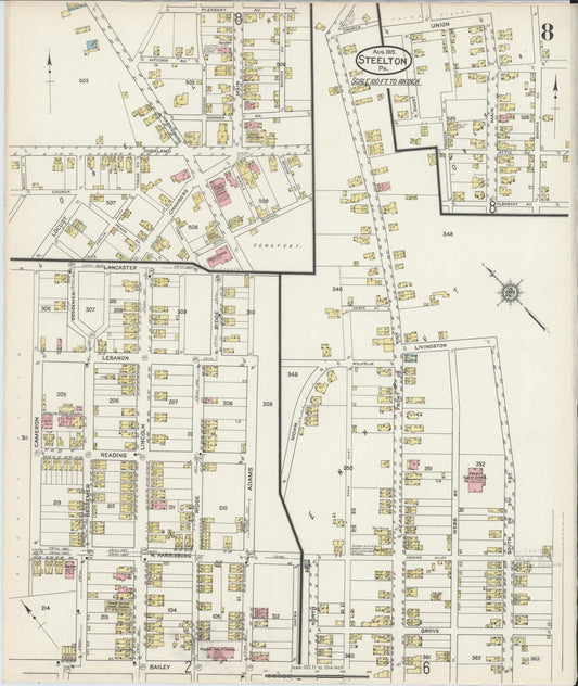 Sanborn Fire Insurance Map from Steelton, Dauphin County, Pennsylvania (1915), Sheet #0008 - Historic Sanborn Fire Insurance Map Print, vintage old map wall art, antique decor, genealogy gift, Pennsylvania Pennsylvania map