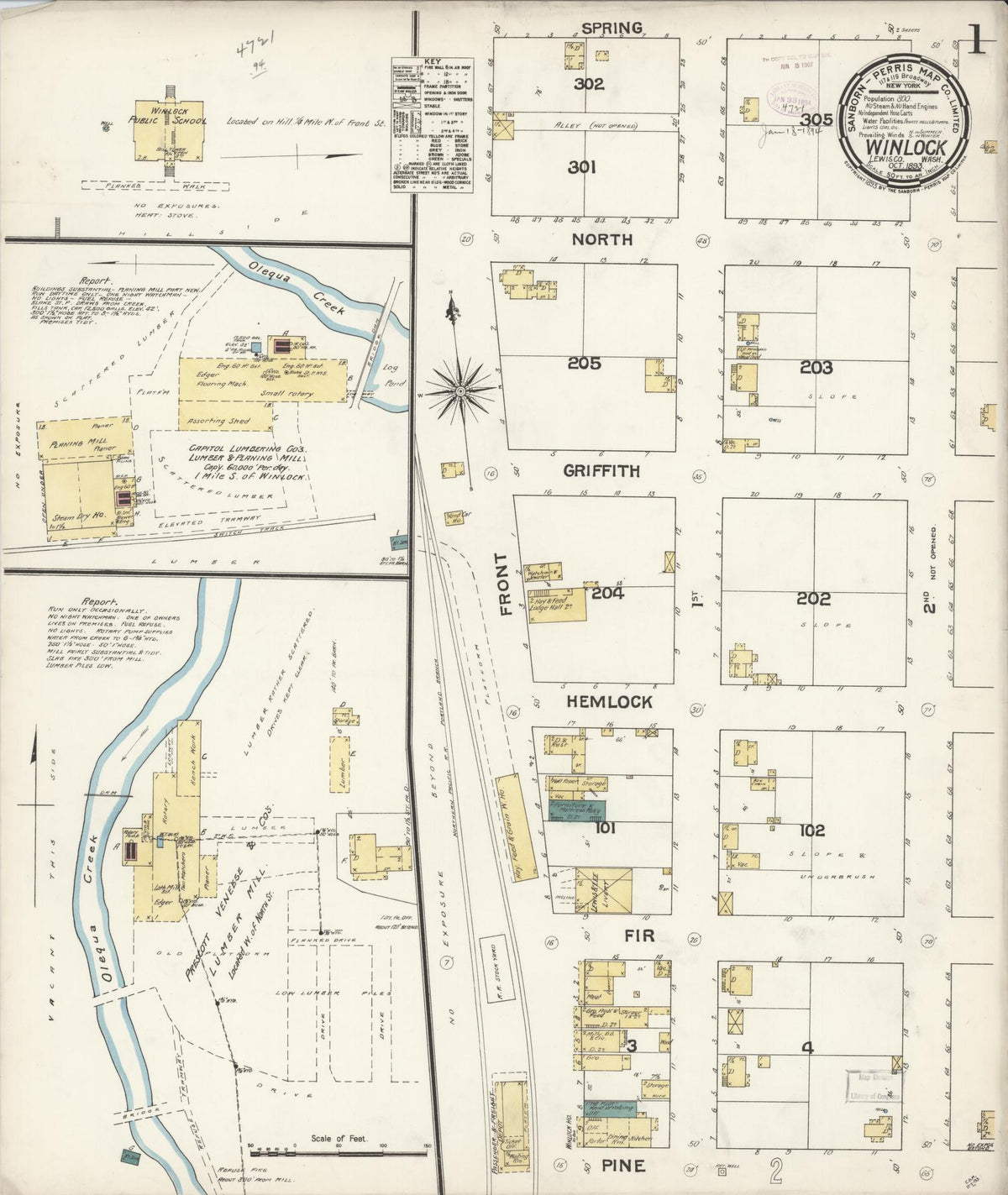 Sanborn Fire Insurance Map from Winlock, Lewis County, Washington (1893), Sheet #0001 - Historic Sanborn Fire Insurance Map Print, vintage old map wall art, antique decor, genealogy gift, Washington Washington map