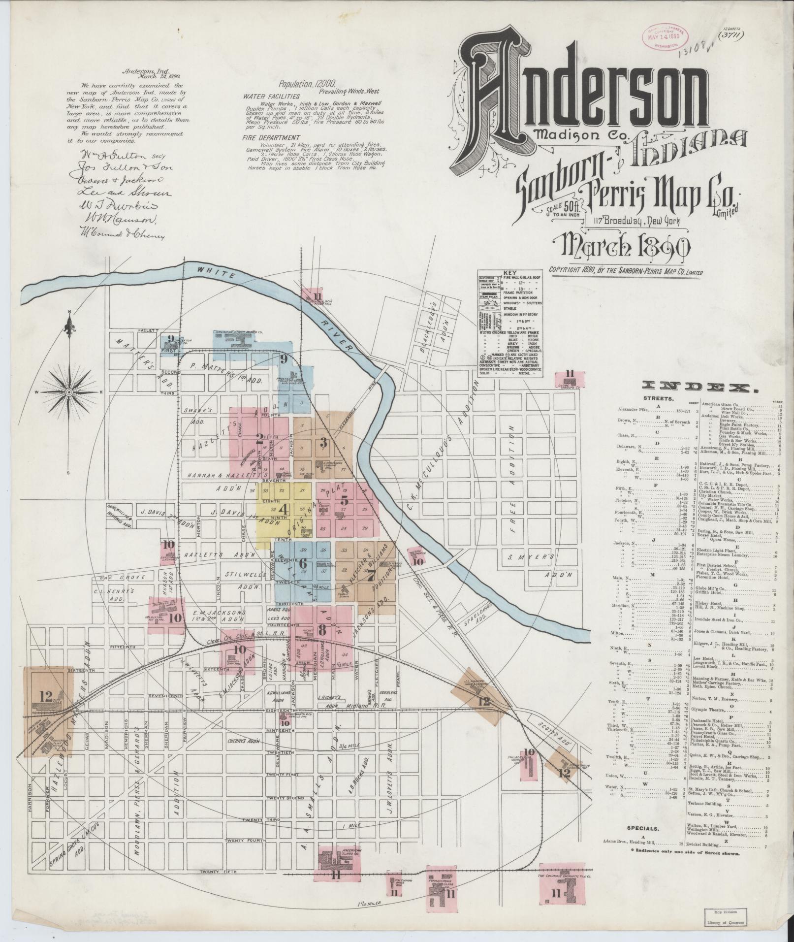 Sanborn Fire Insurance Map from Anderson, Madison County, Indiana (1890), Sheet #0001 - Historic Sanborn Fire Insurance Map Print, vintage old map wall art, antique decor, genealogy gift, Indiana Indiana map