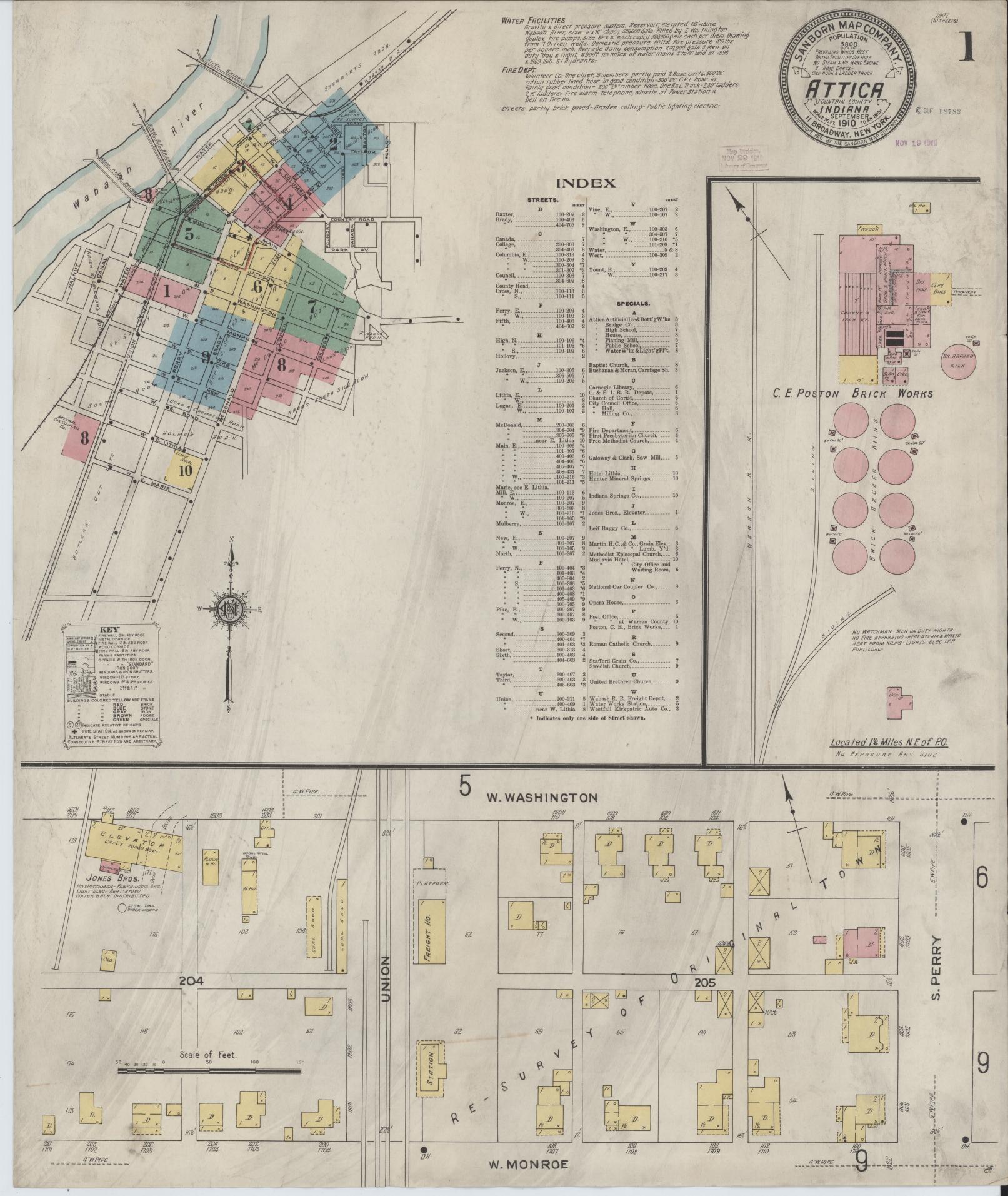 Sanborn Fire Insurance Map from Attica, Fountain County, Indiana (1910), Sheet #0001 - Historic Sanborn Fire Insurance Map Print, vintage old map wall art, antique decor, genealogy gift, Indiana Indiana map