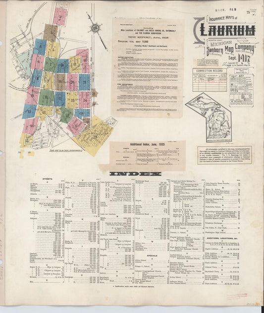 Sanborn Fire Insurance Map from Laurium, Houghton County, Michigan (1949), Sheet #0001 - Historic Sanborn Fire Insurance Map Print, vintage old map wall art, antique decor, genealogy gift, Michigan Michigan map