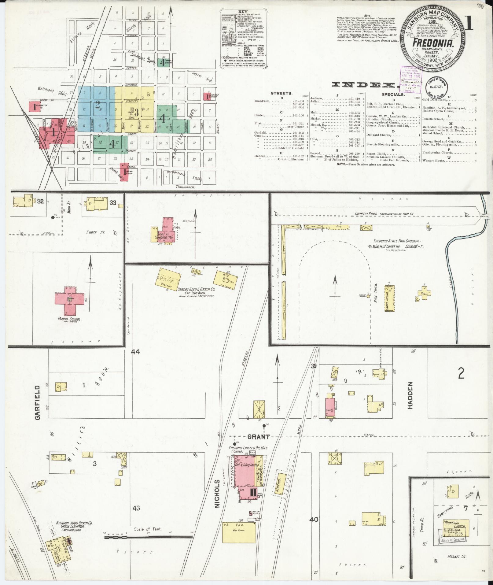Sanborn Fire Insurance Map from Fredonia, Wilson County, Kansas (1902), Sheet #0001 - Historic Sanborn Fire Insurance Map Print, vintage old map wall art, antique decor, genealogy gift, Kansas Kansas map
