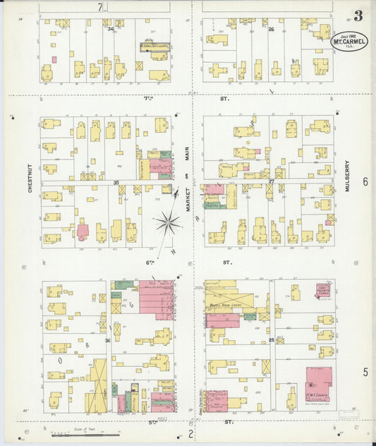 Sanborn Fire Insurance Map from Mount Carmel, Wabash County, Illinois (1902), Sheet #0003 - Historic Sanborn Fire Insurance Map Print, vintage old map wall art, antique decor, genealogy gift, Illinois Illinois map
