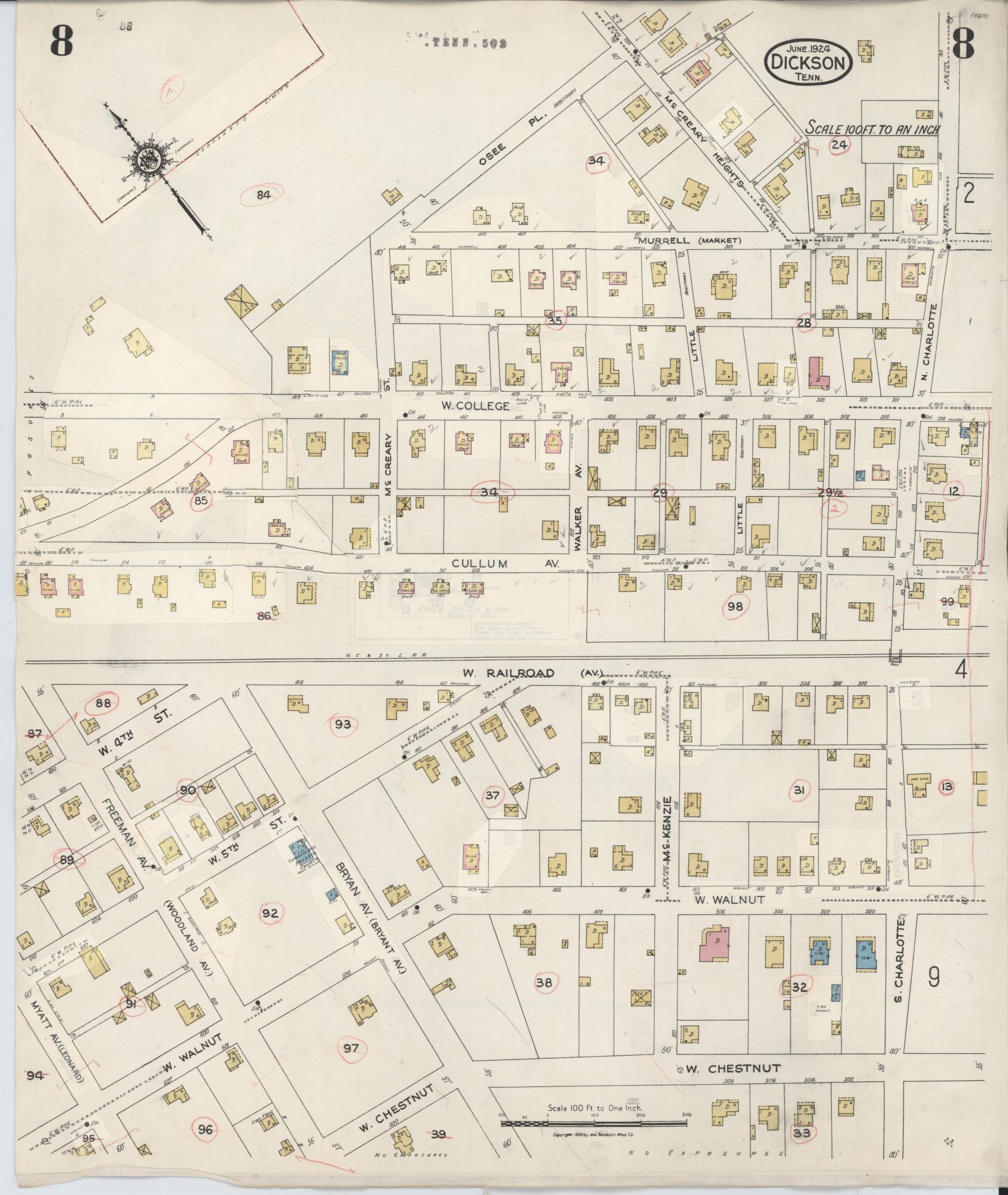 Sanborn Fire Insurance Map from Dickson, Dickson County, Tennessee (1941), Sheet #0008 - Complete Map Set gallery image, historic Sanborn map, vintage wall art, Tennessee Tennessee