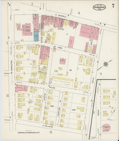 Sanborn Fire Insurance Map from Orangeburg, Orangeburg County, South Carolina (1915), Sheet #0007 - Complete Map Set gallery image, historic Sanborn map, vintage wall art, South Carolina South Carolina