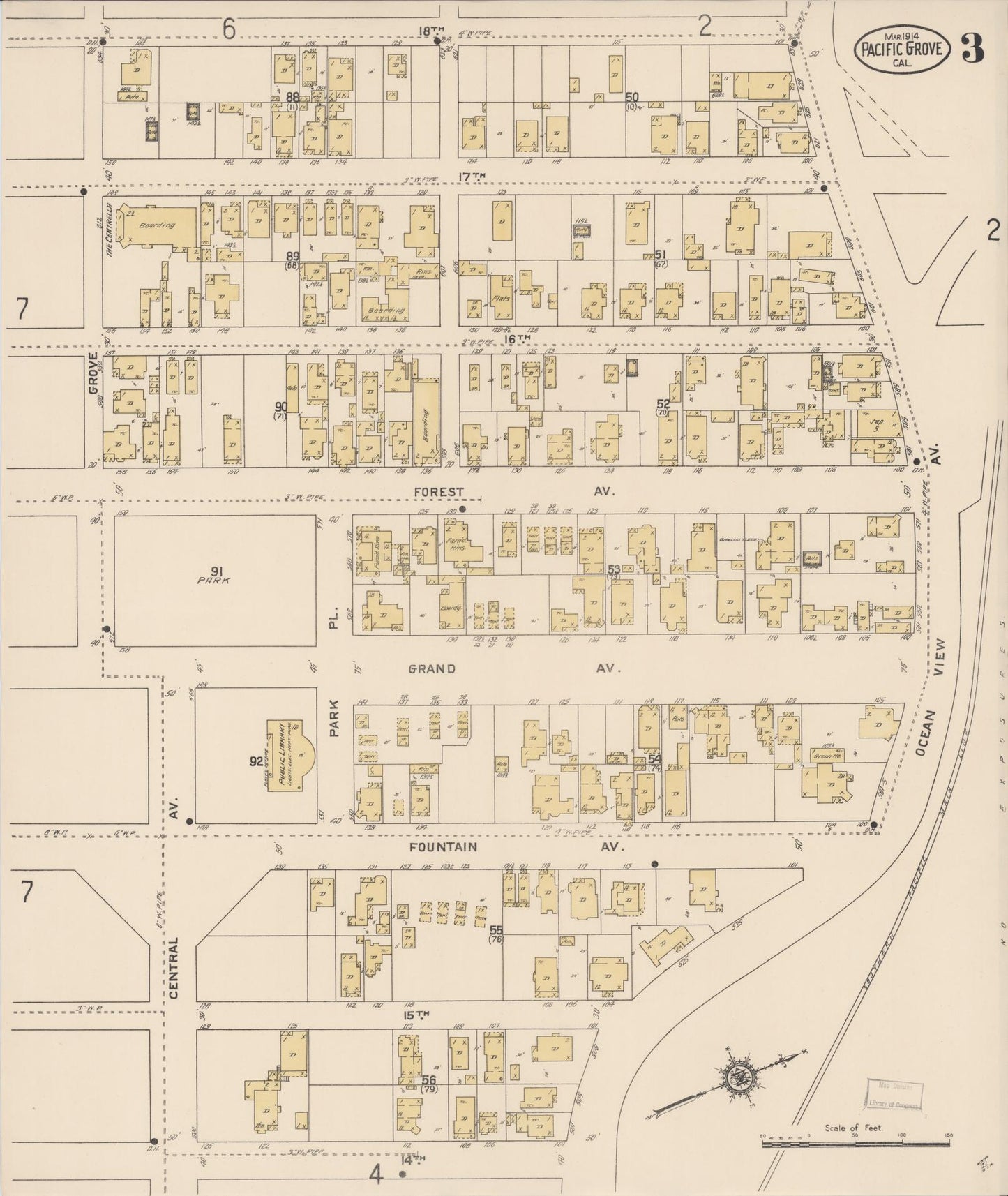 Sanborn Fire Insurance Map from Pacific Grove, Monterey County, California (1914), Sheet #0003 - Complete Map Set gallery image, historic Sanborn map, vintage wall art, California California