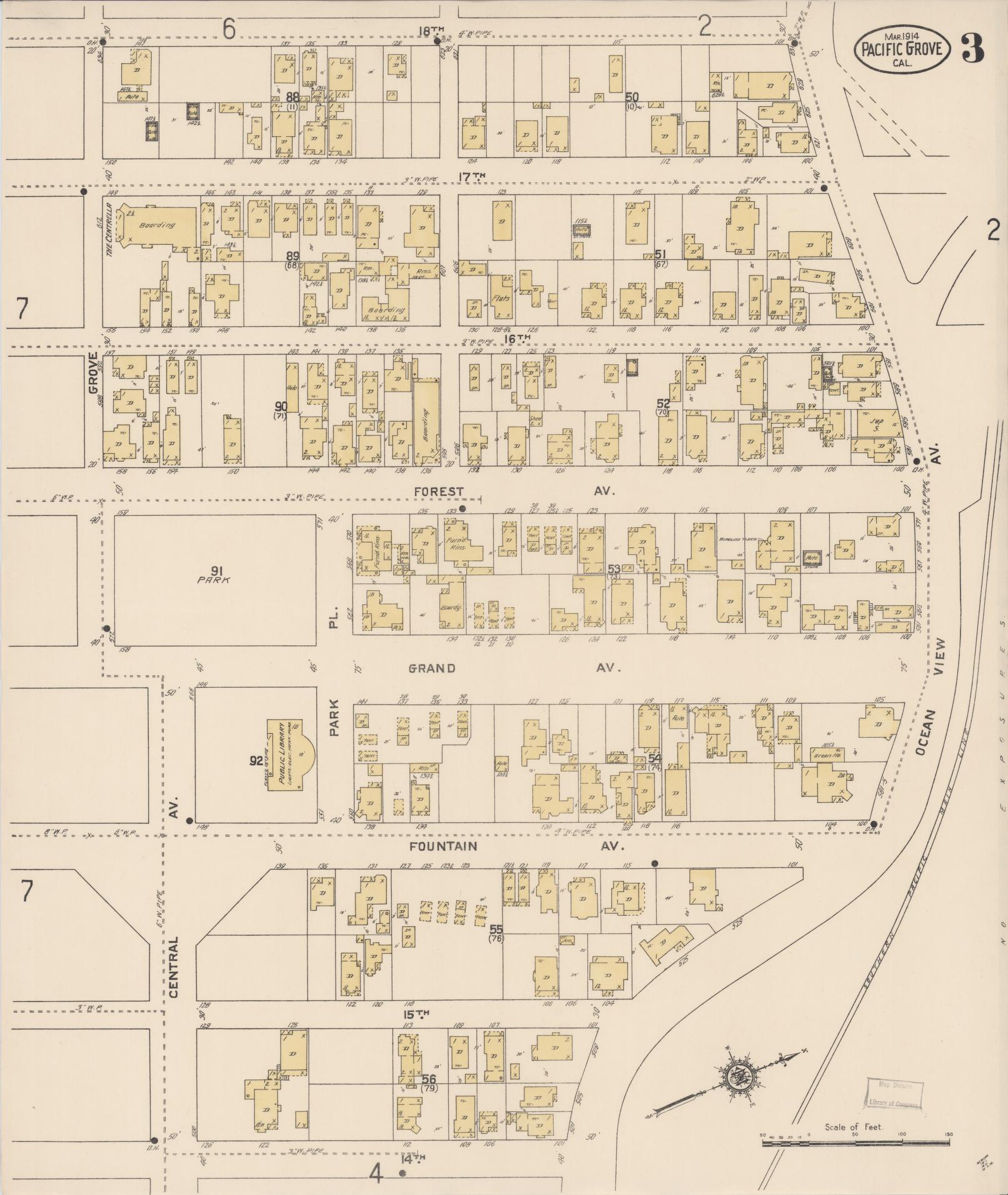 Sanborn Fire Insurance Map from Pacific Grove, Monterey County, California (1914), Sheet #0003 - Complete Map Set gallery image, historic Sanborn map, vintage wall art, California California