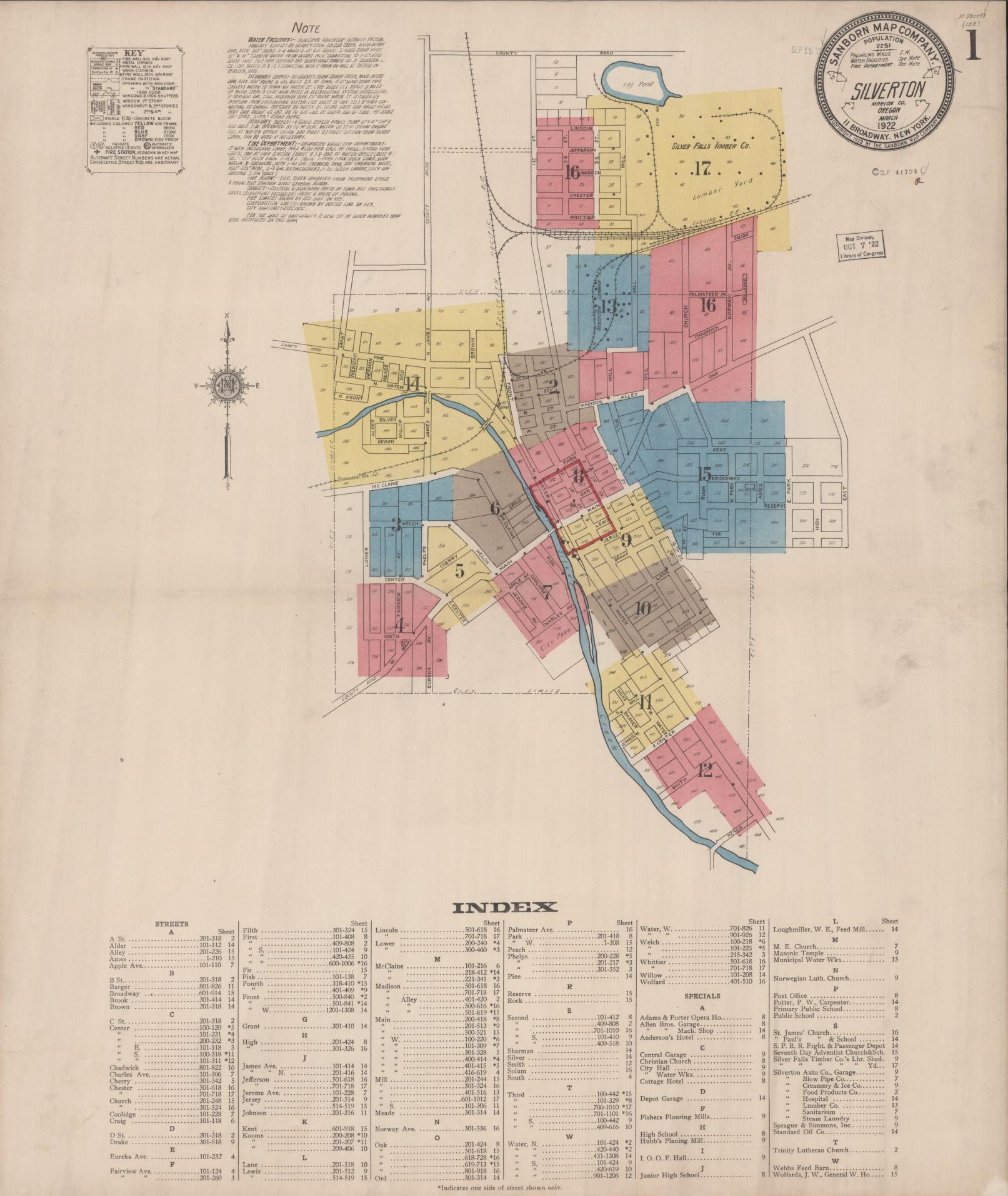 Sanborn Fire Insurance Map from Silverton, Marion County, Oregon (1922), Sheet #0001 - Historic Sanborn Fire Insurance Map Print, vintage old map wall art, antique decor, genealogy gift, Oregon Oregon map