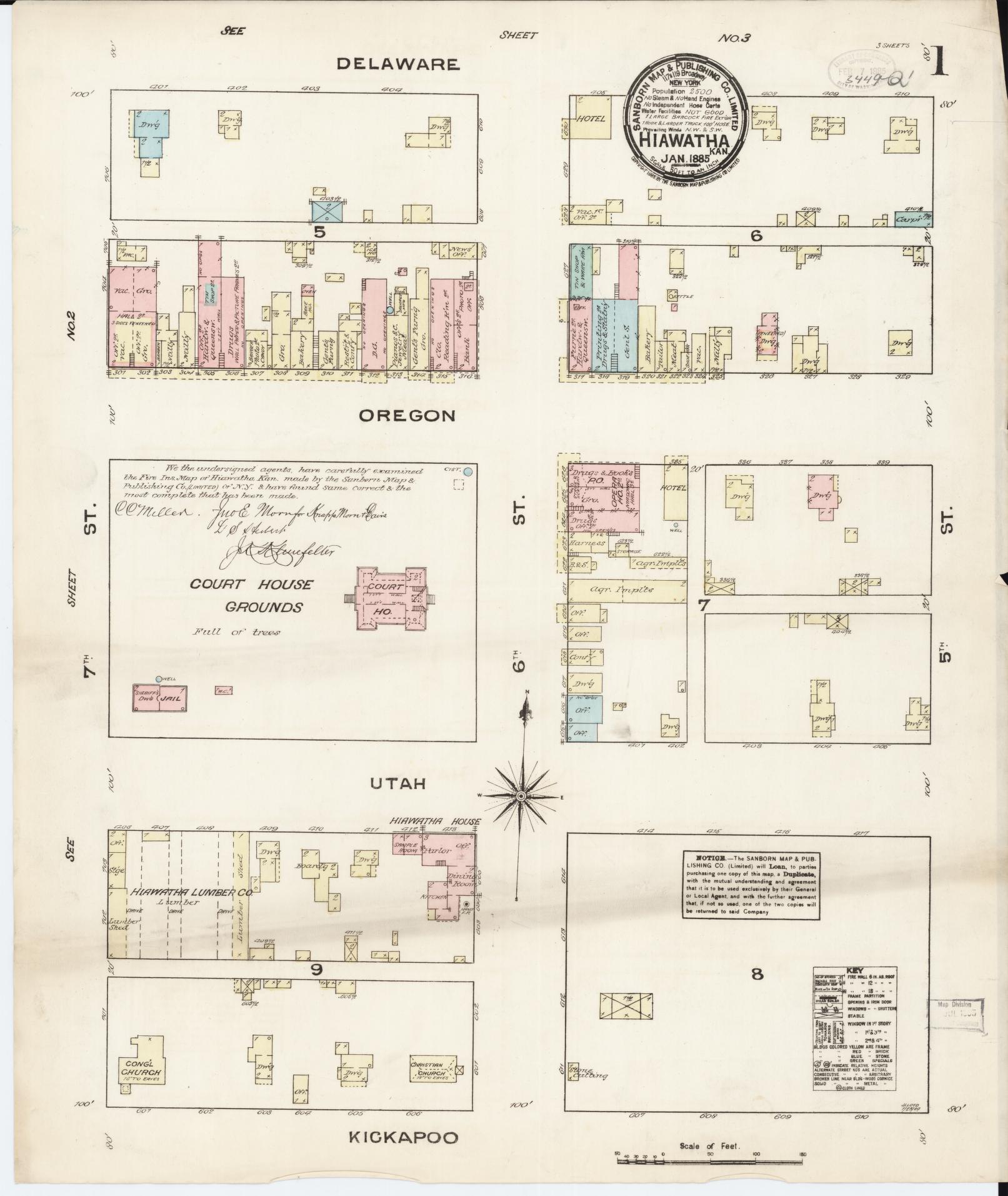 Sanborn Fire Insurance Map from Hiawatha, Brown County, Kansas (1885), Sheet #0001 - Historic Sanborn Fire Insurance Map Print, vintage old map wall art, antique decor, genealogy gift, Kansas Kansas map