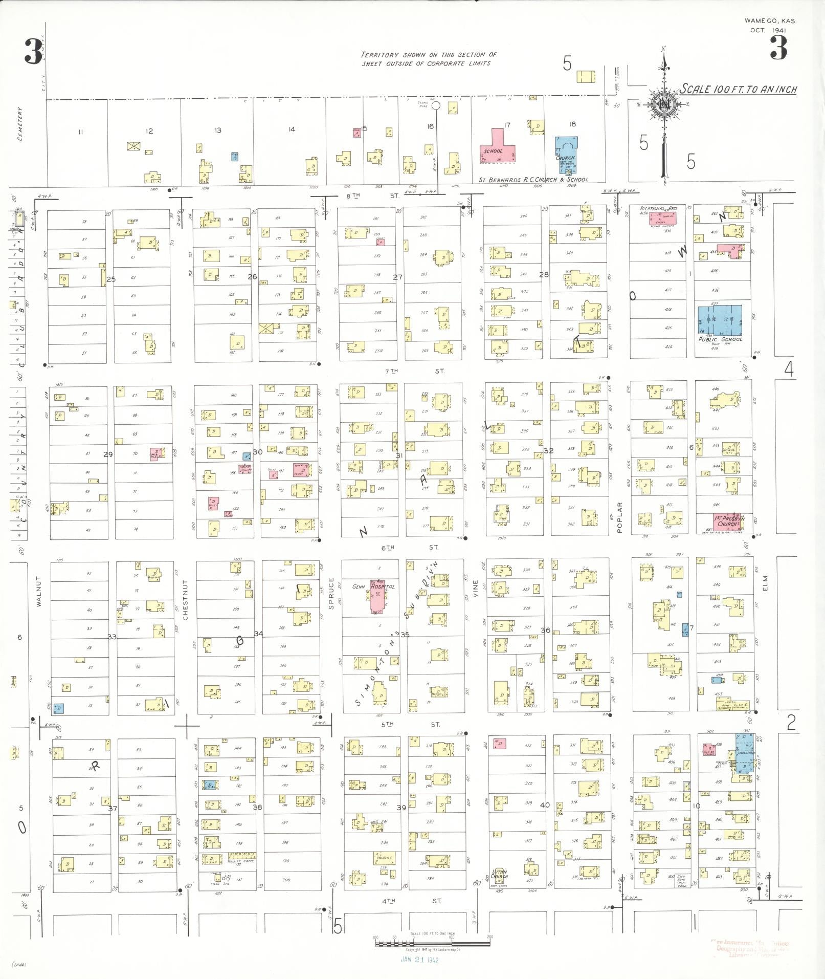 Sanborn Fire Insurance Map from Wamego, Pottawatomie County, Kansas (1941), Sheet #0003 - Complete Map Set gallery image, historic Sanborn map, vintage wall art, Kansas Kansas