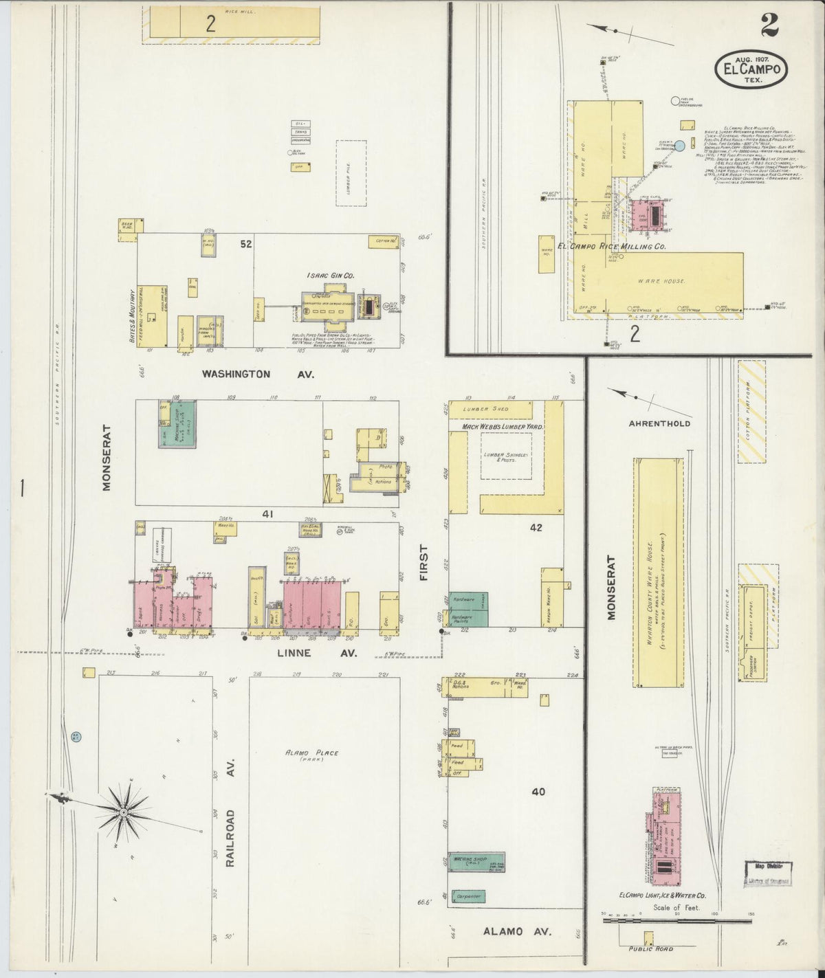 Sanborn Fire Insurance Map from El Campo, Wharton County, Texas (1907), Sheet #0002 - Complete Map Set gallery image, historic Sanborn map, vintage wall art, Texas Texas