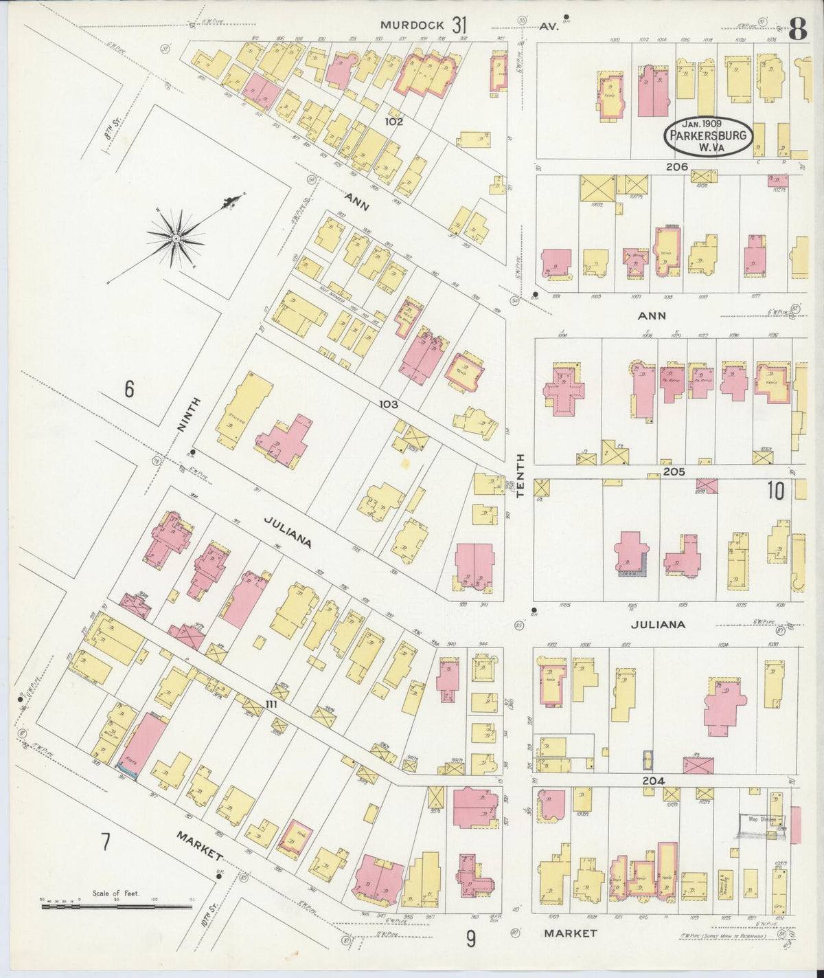 Sanborn Fire Insurance Map from Parkersburg, Wood County, West Virginia (1909), Sheet #0008 - Complete Map Set gallery image, historic Sanborn map, vintage wall art, West Virginia West Virginia