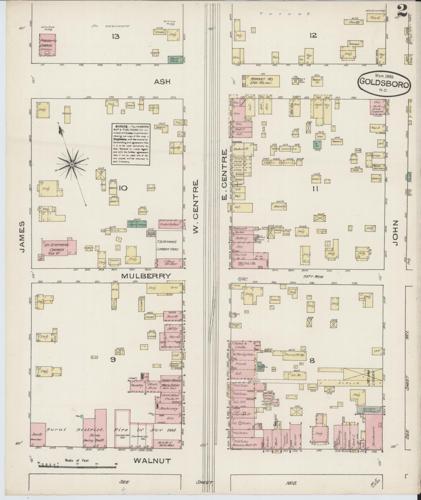 Sanborn Fire Insurance Map from Goldsboro, Wayne County, North Carolina (1885), Sheet #0002 - Complete Map Set gallery image, historic Sanborn map, vintage wall art, North Carolina North Carolina