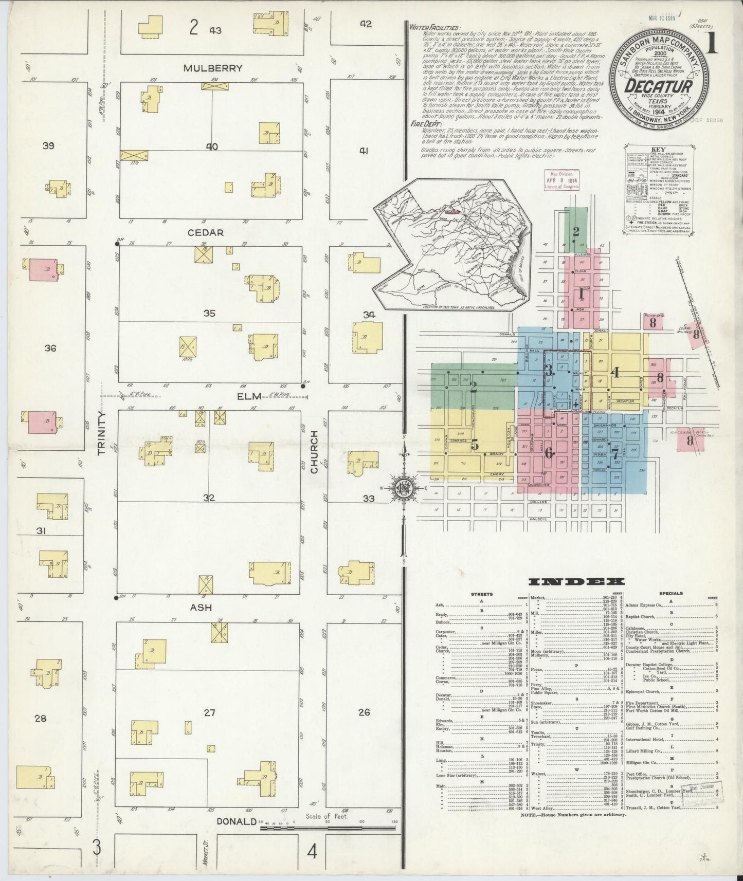 Sanborn Fire Insurance Map from Decatur, Wise County, Texas (1914), Sheet #0001 - Complete Map Set gallery image, historic Sanborn map, vintage wall art, Texas Texas