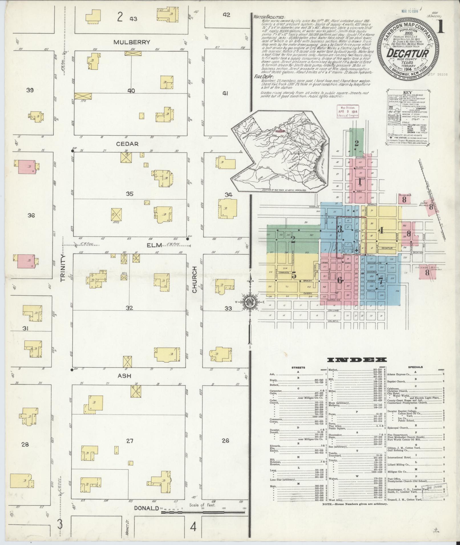 Sanborn Fire Insurance Map from Decatur, Wise County, Texas (1914), Sheet #0001 - Complete Map Set gallery image, historic Sanborn map, vintage wall art, Texas Texas