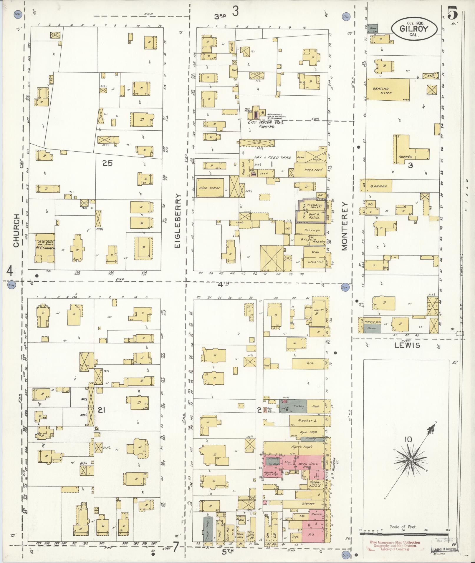 Sanborn Fire Insurance Map from Gilroy, Santa Clara County, California (1906), Sheet #0005 - Historic Sanborn Fire Insurance Map Print, vintage old map wall art, antique decor, genealogy gift, California California map