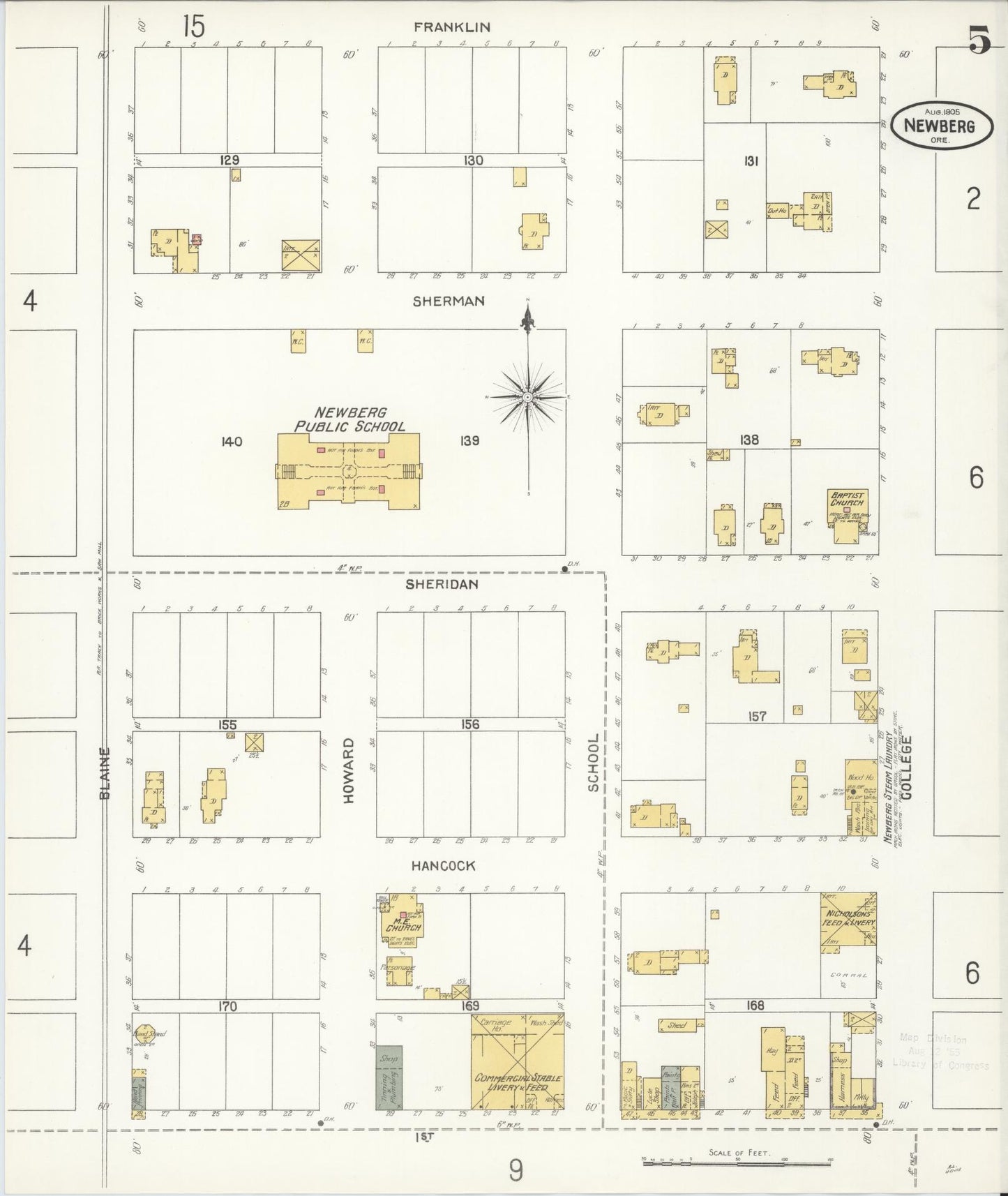 Sanborn Fire Insurance Map from Newberg, Yamhill County, Oregon (1905), Sheet #0005 - Complete Map Set gallery image, historic Sanborn map, vintage wall art, Oregon Oregon
