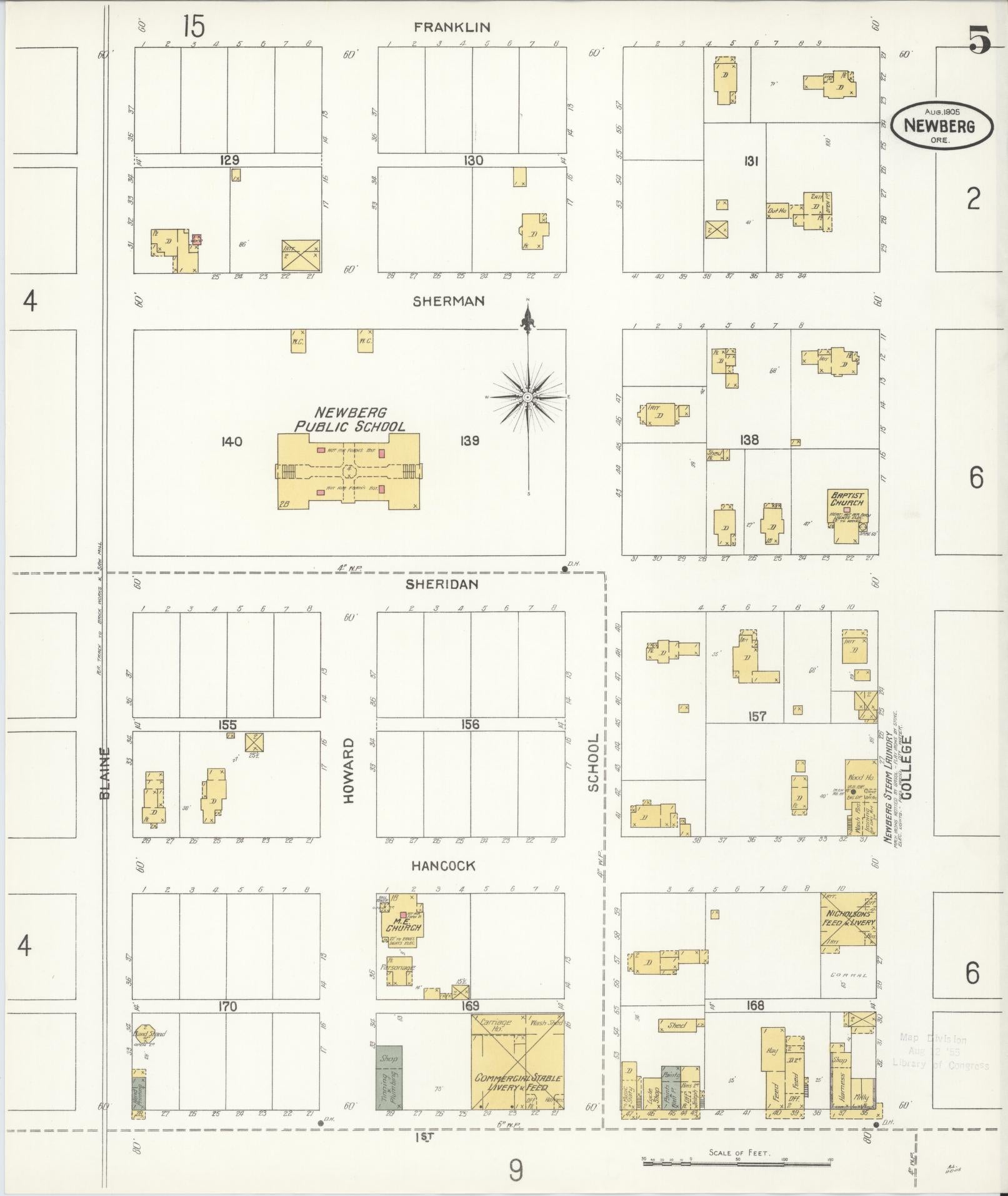 Sanborn Fire Insurance Map from Newberg, Yamhill County, Oregon (1905), Sheet #0005 - Complete Map Set gallery image, historic Sanborn map, vintage wall art, Oregon Oregon