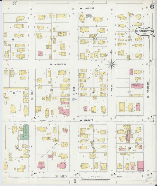 Sanborn Fire Insurance Map from Bloomington, McLean County, Illinois (1896), Sheet #0006 - Historic Sanborn Fire Insurance Map Print, vintage old map wall art, antique decor, genealogy gift, Illinois Illinois map