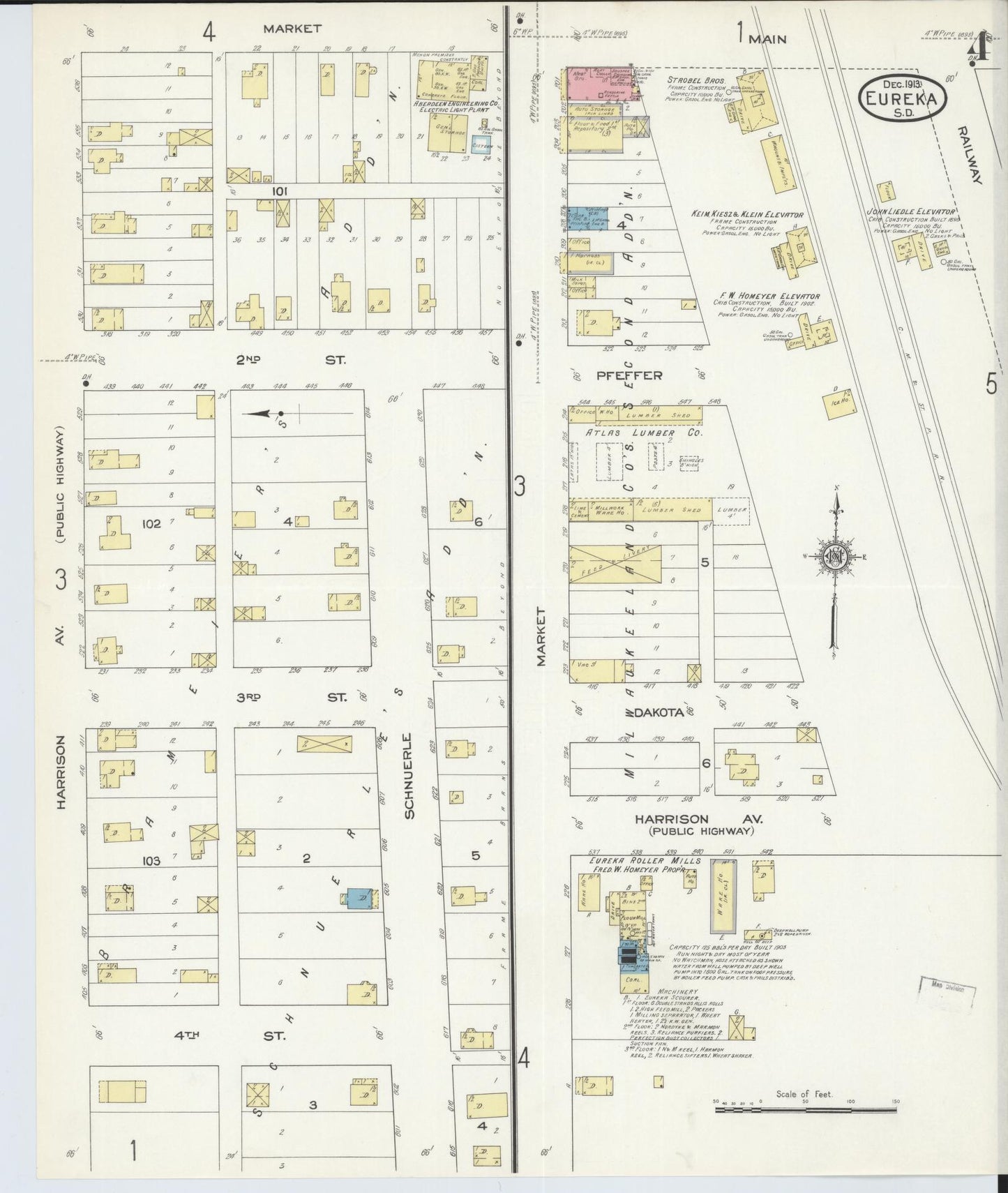 Sanborn Fire Insurance Map from Eureka, McPherson County, South Dakota (1913), Sheet #0004 - Historic Sanborn Fire Insurance Map Print, vintage old map wall art, antique decor, genealogy gift, South Dakota South Dakota map