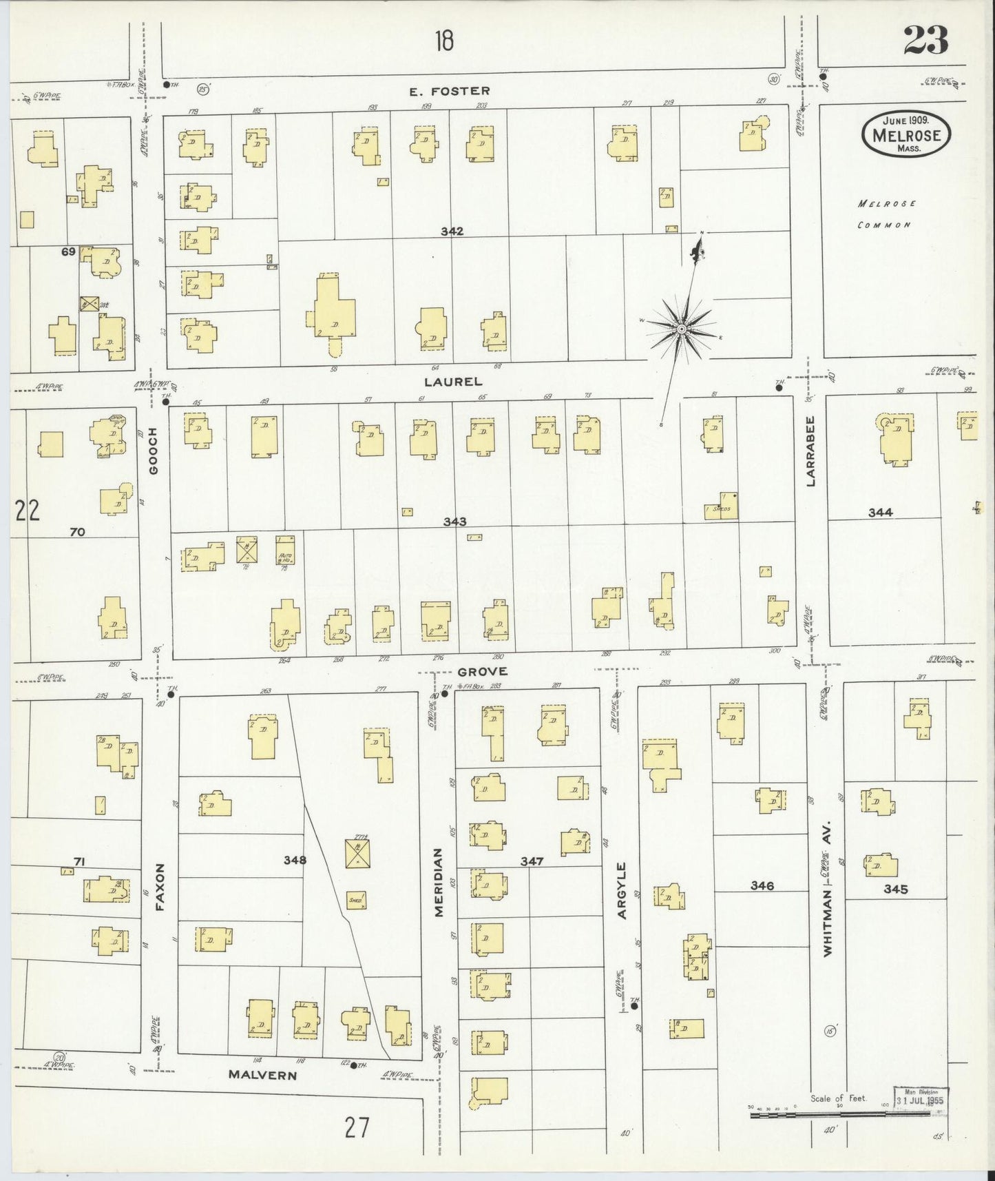 Sanborn Fire Insurance Map from Melrose, Middlesex County, Massachusetts (1909), Sheet #0023 - Complete Map Set gallery image, historic Sanborn map, vintage wall art, Massachusetts Massachusetts