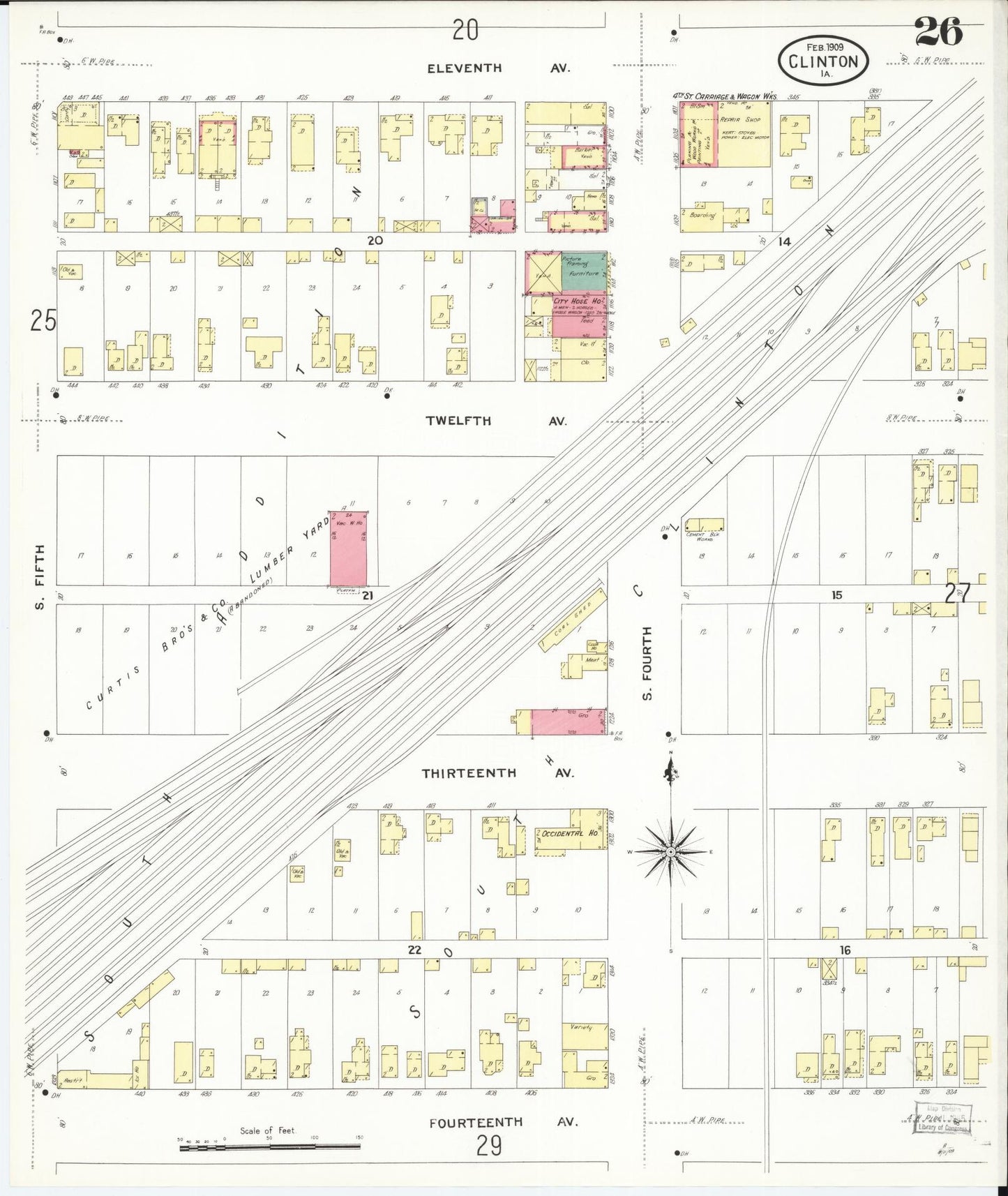 Sanborn Fire Insurance Map from Clinton, Clinton County, Iowa (1909), Sheet #0026 - Historic Sanborn Fire Insurance Map Print, vintage old map wall art