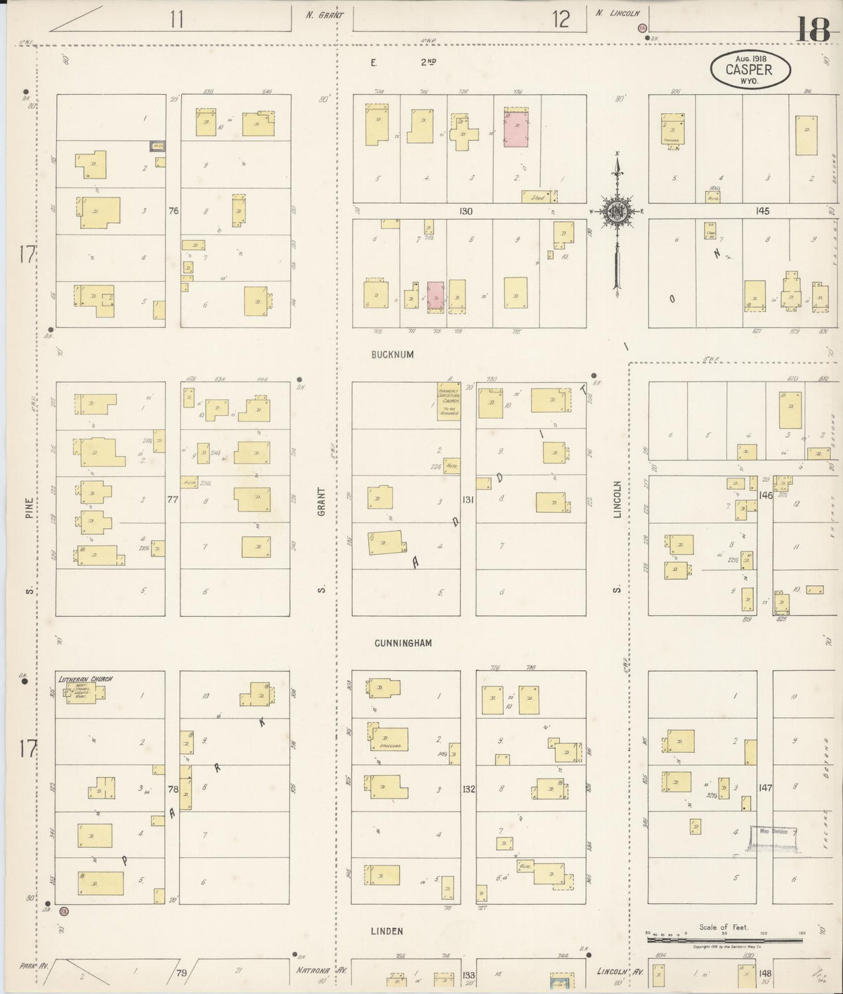 Sanborn Fire Insurance Map from Casper, Natrona County, Wyoming (1918), Sheet #0018 - Historic Sanborn Fire Insurance Map Print, vintage old map wall art, antique decor, genealogy gift, Wyoming Wyoming map