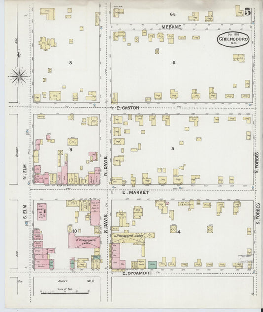 Sanborn Fire Insurance Map from Greensboro, Guilford County, North Carolina (1888), Sheet #0005 - Historic Sanborn Fire Insurance Map Print, vintage old map wall art, antique decor, genealogy gift, North Carolina North Carolina map